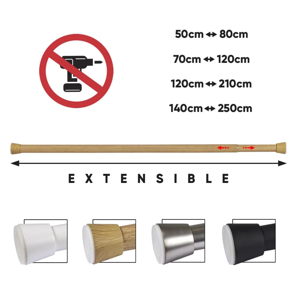 Asta per tende senza forare telescopica in metallo estensibile 28 mm montaggio a pressione resistente per tende armadi e bagno STORESDECO finitura legno 120-210 cm