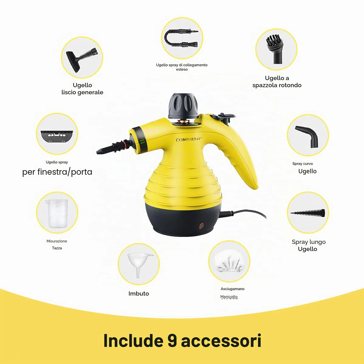 Comforday Pistola a Vapore in Alluminio 9 Accessori per Rimuovere le Macchi da Pavimena, Moquette, Tende, Seggiolini Auto, Cucina, Cimici, Bagni e Altro