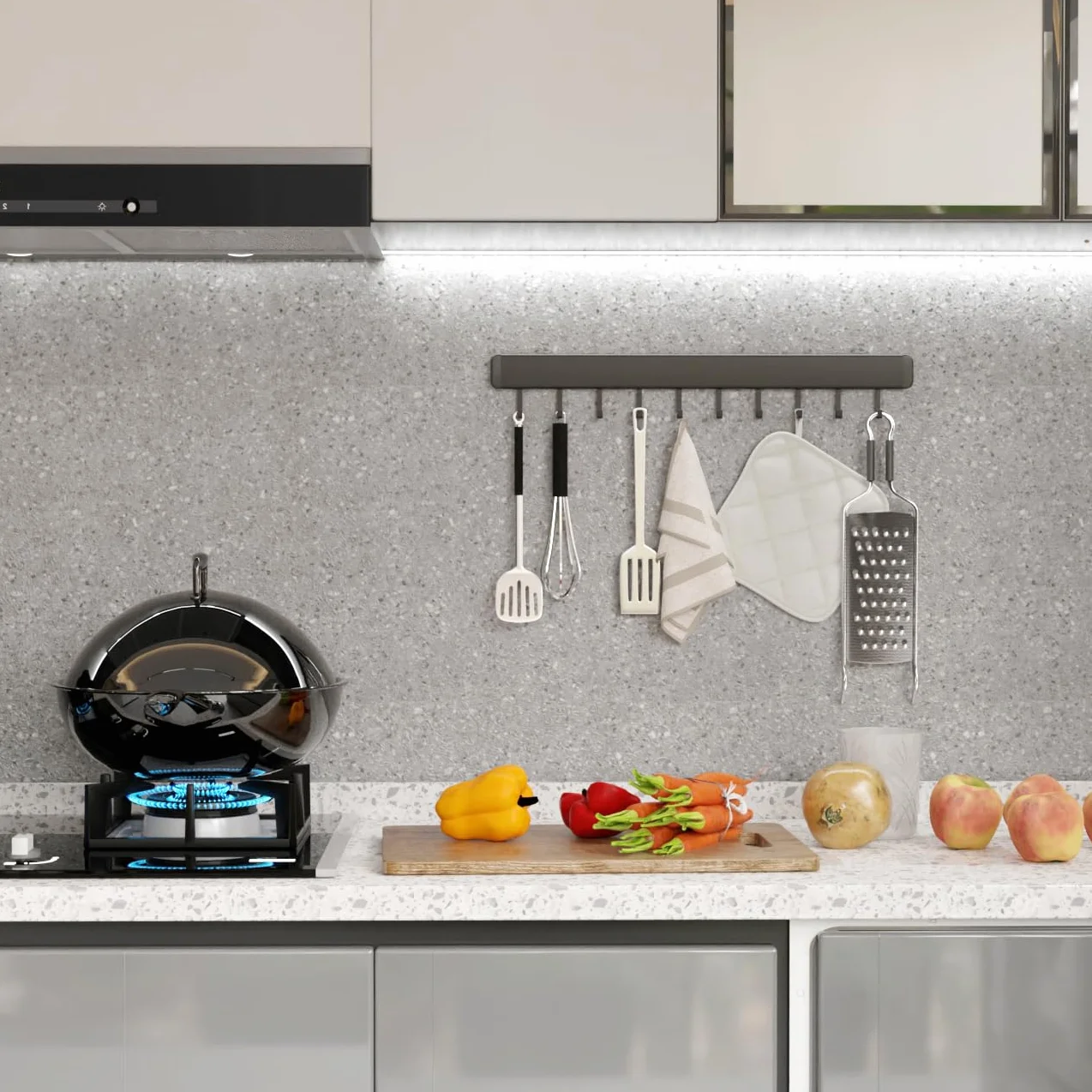Porta Utensili da Cucina Parete Adesivo, 50cm Barra Portautensili Cucina con 10 Gancio, Barra per Gadget Alluminio per Cucina e Bagno, Grigio