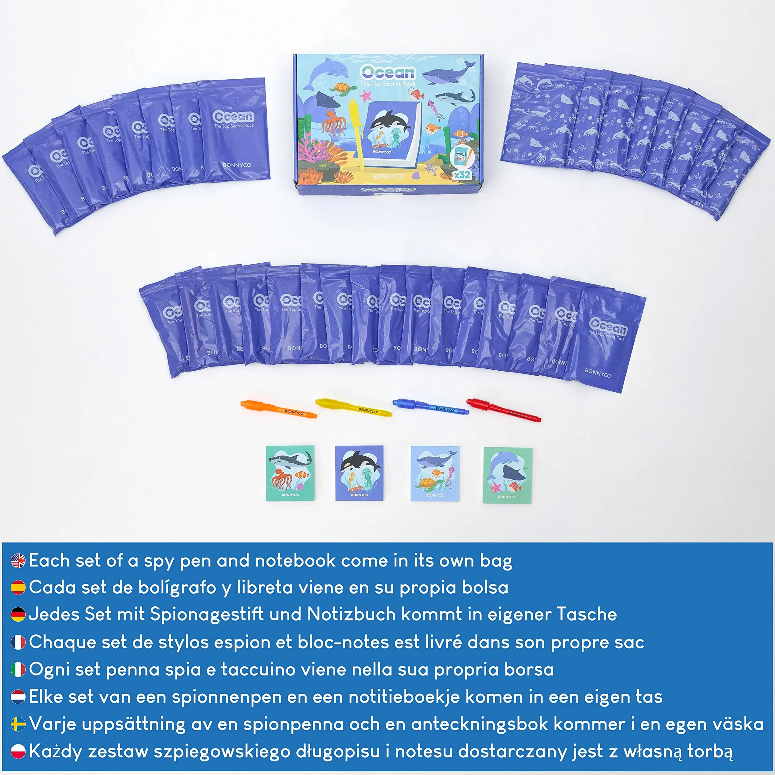 BONNYCO Penna Invisibile e Taccuino, 32 Pezzi Oceano Gadget Compleanno Bambini. Regalini Fine Festa Compleanno Oceano, Regalino Fine Festa. Giocattoli Pignatta, Gadget Bambini Scuola Bomboniere