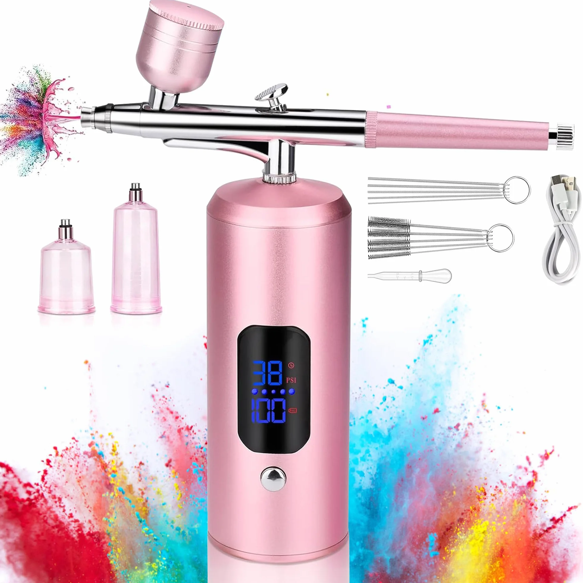 Kit Aerografo Senza Fili: 38 Pcs Pistola Aerografo Portatile con Schermo a LED per Trucco, Idratazione della Pelle, Modellazione di Tatuaggi, Unghie, Decorazione di Torte (Rosa 1)