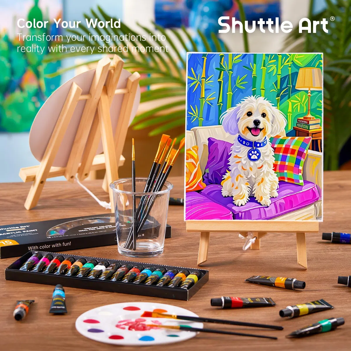 Shuttle Art Set di 58 Pezzi Colori Acrilici, Set per Pittura con 2 Confezioni da 15 Colori Acrilici, 2 Set di Cavalletti in Legno, Tela, Pennelli e Tavolozze, Set di Tela e Pittura per Adulti, Bambini