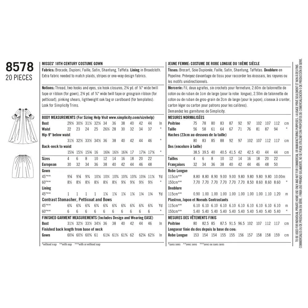 Simplicity Simplcity 85788-Cartamodello per Abito da Donna del XVIII secolo, Carta, Bianco, R5 (14-16-18-20-22)