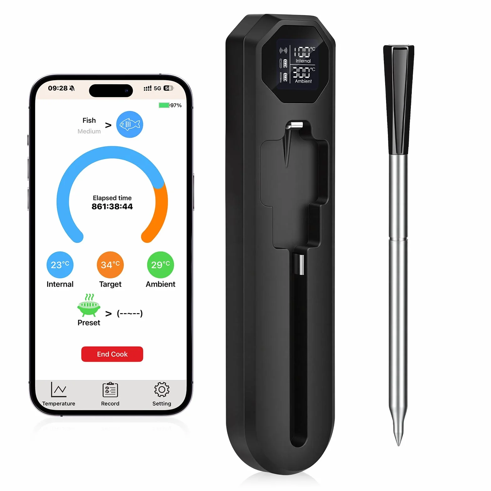 Dreamhigh® Termometro per Carne con Bluetooth, 2 Sond, Termometro Alimentare Impermeabile IP67​, 0-300 °C, Ideale per BBQ, Grigliate, Affumicatori, Forni, Cucina