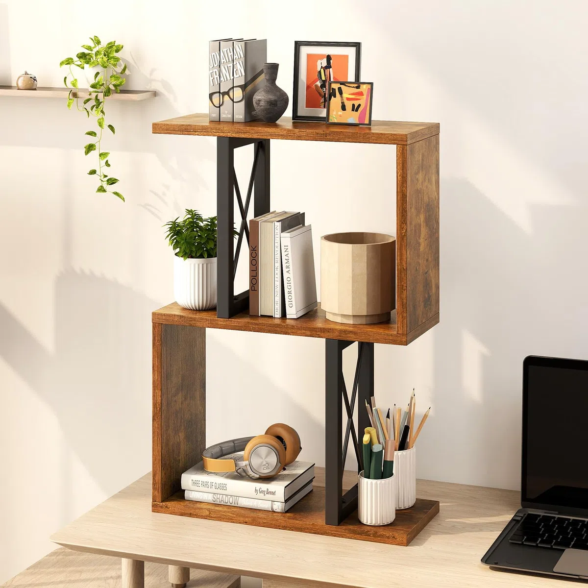 IBUYKE Libreria da tavolo, scaffale a 3 ripiani, organizer per ufficio/dormitorio, scaffale da scrivania solido TMZ011H