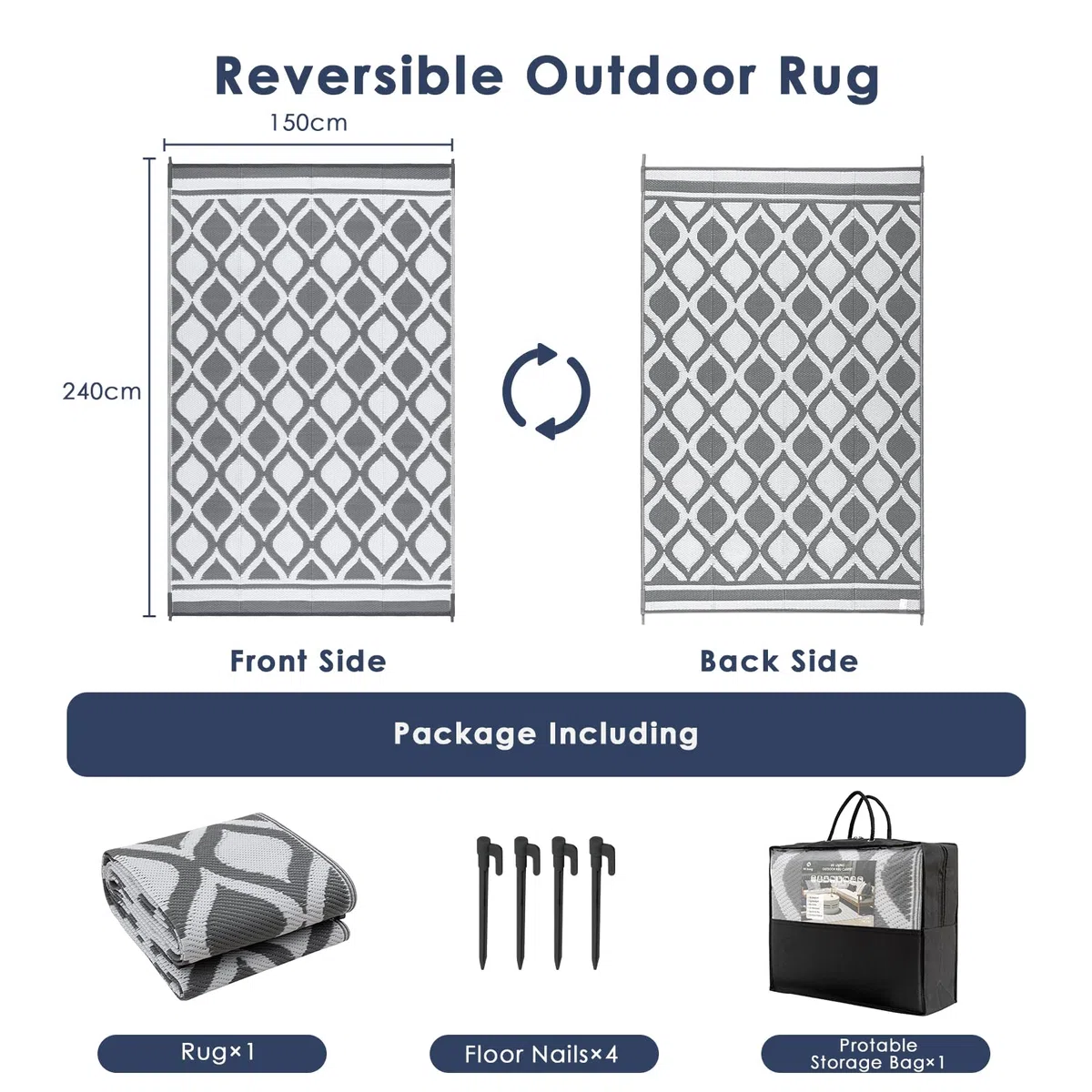 VK·LIVING Tappeto da Esterno Impermeabile 150X240cm Tappeto da Giardino Reversibile Tappeto da Esterno Moderno in Plastica Tappeti d'area Leggeri e Portatili per Balcone Campeggio Grigio&Bianco