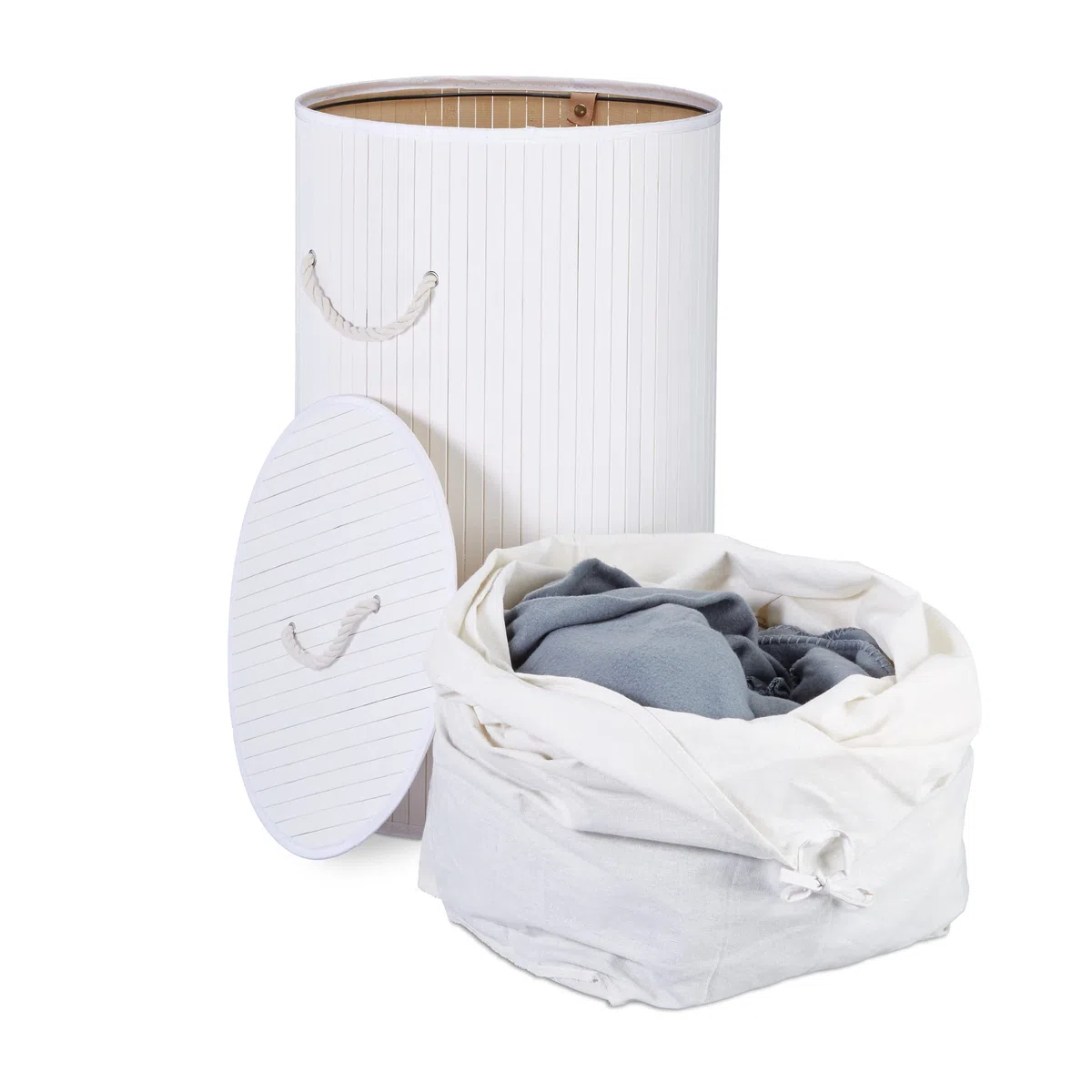 Relaxdays Cesto Portabiancheria, Rotondo, Pieghevole, 70 L di Volume, Coperchio e Sacco di Cotone, Ø 41 cm, Bianco