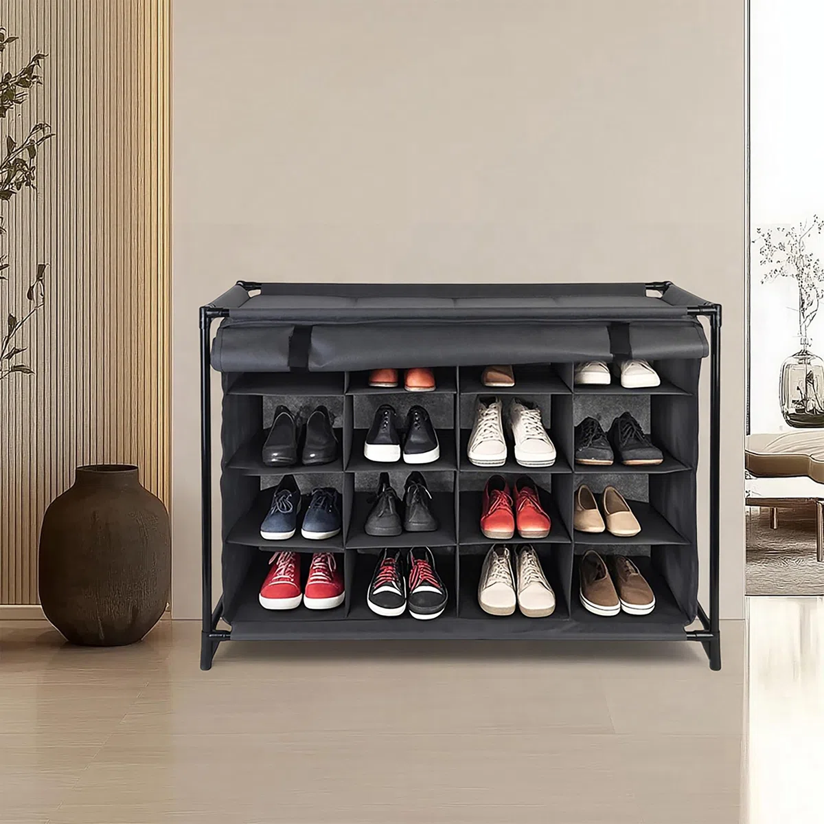Relaxdays Scarpiera in Stoffa da Campeggio, 16 Scomparti Porta Scarpe, Mobile a Incastro, HxLxP: 65x85x35,5 cm, Grigio