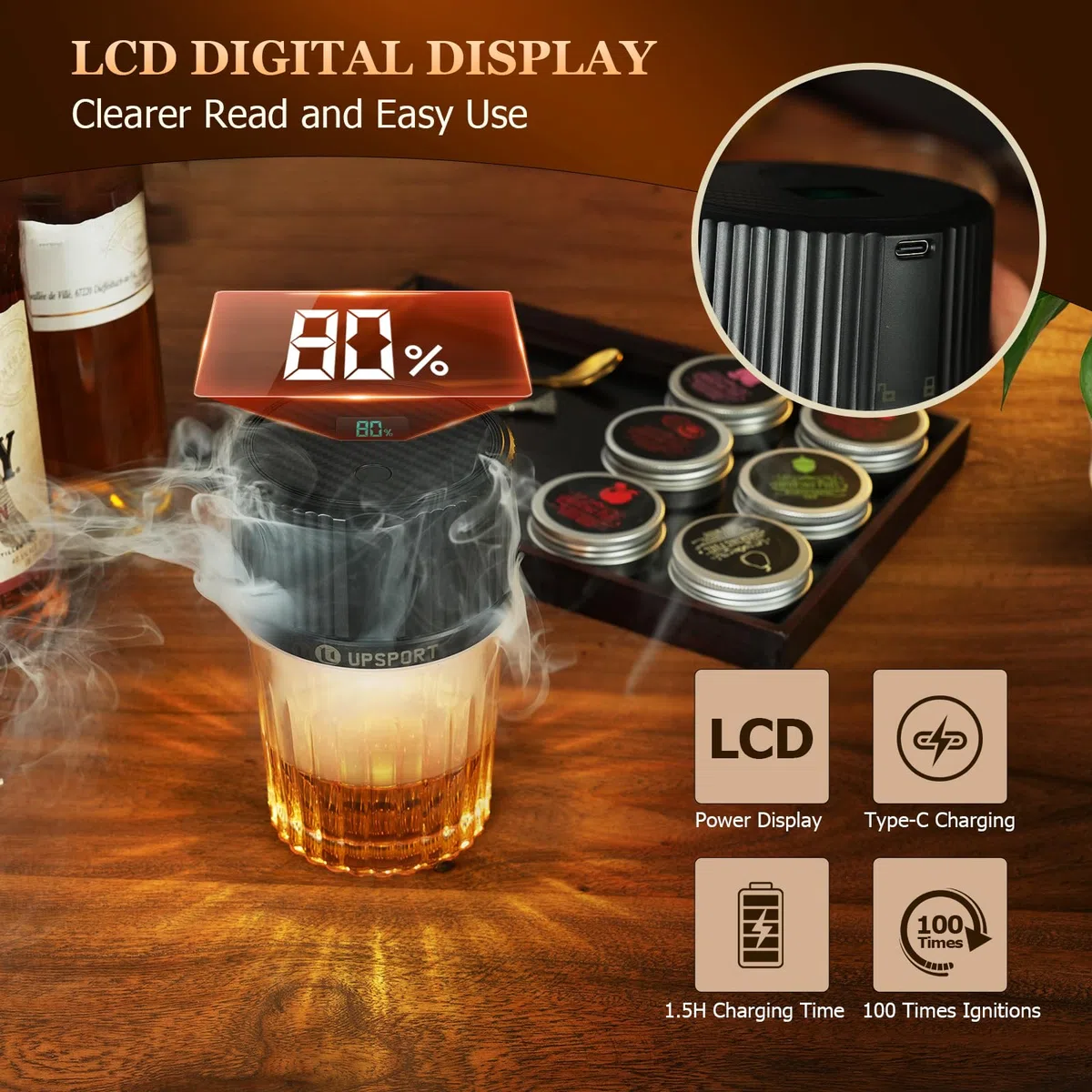 Kit affumicatore elettrico per whisky con 4 modalità di illuminazione, affumicatore per cocktail ricaricabile, 6 trucioli di legno, non richiede butano, regali di Natale/compleanno per uomini