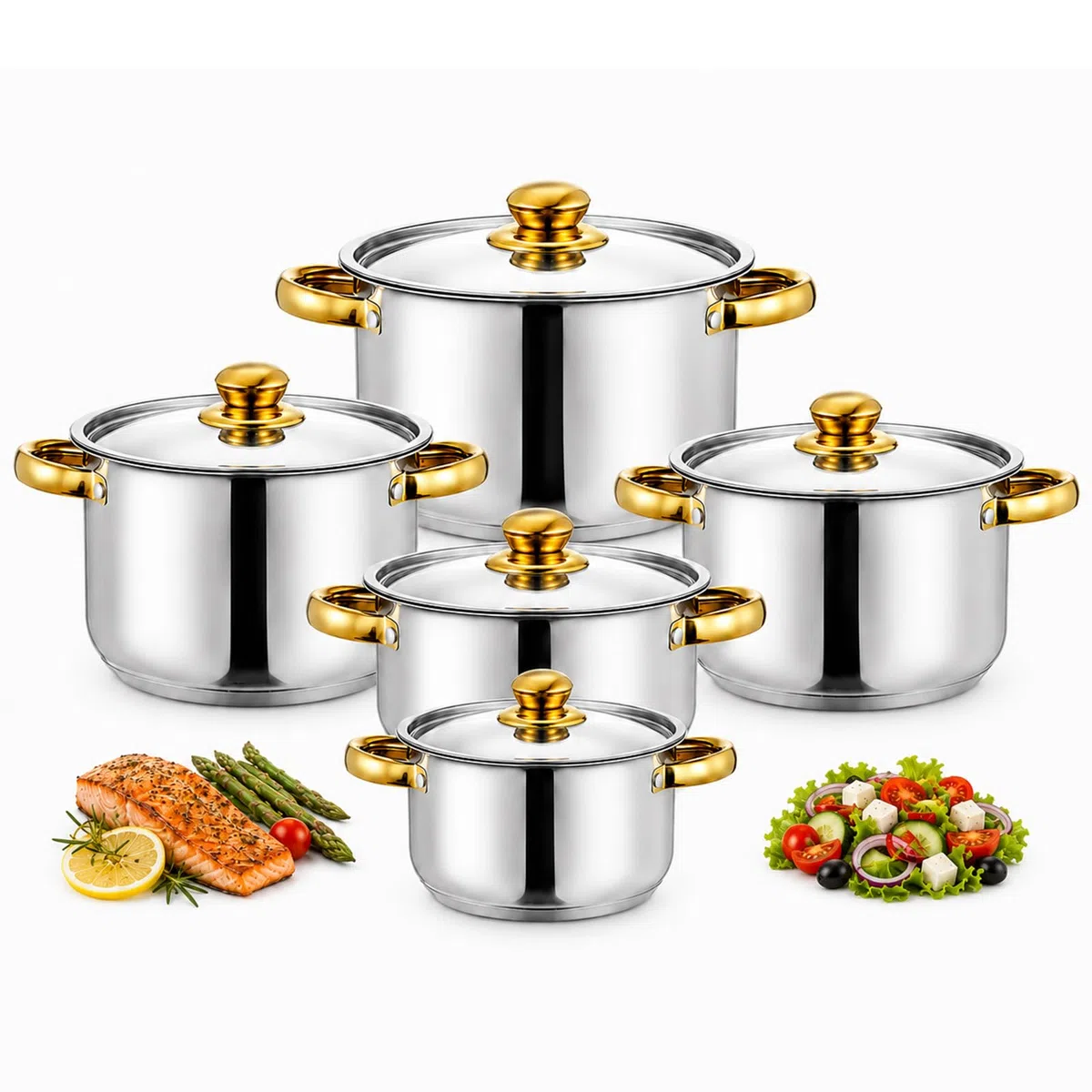 Set di pentole in acciaio inox, 10 pezzi, per piani cottura a induzione, con coperchio in vetro, 5 pentole da 18 a 26 cm, pentole a induzione per tutti i piani cottura, argento lucido