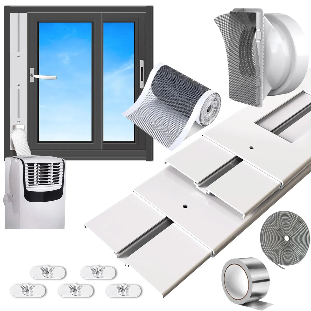 condizionatore portatile kit finestra,Lunghezza regolabile da 66 cm a 160 cm. Con connettore universale, 1 m Filtro Fai da te e stripping ermetico,adatto per finestre verticali orizzontali.