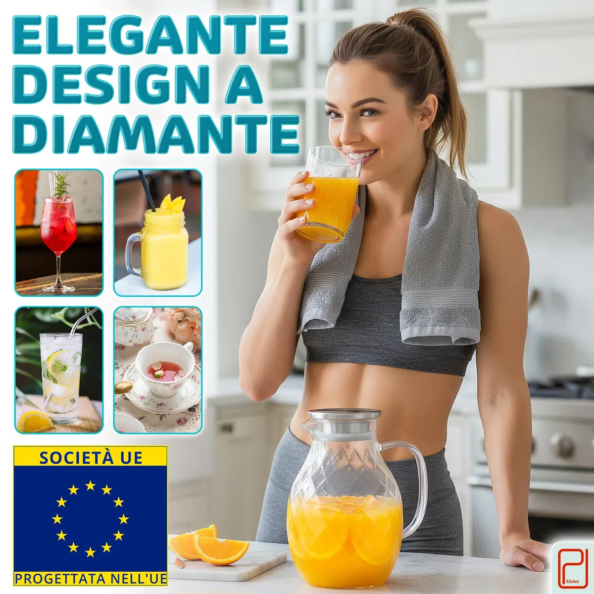 Brocca in vetro borosilicato di alta qualità con coperchio e beccuccio - 2litri, vetro borosilicato con manico - Caraffa per bevande calde/fredde - Brocca per l'acqua - Brocca per tè freddo
