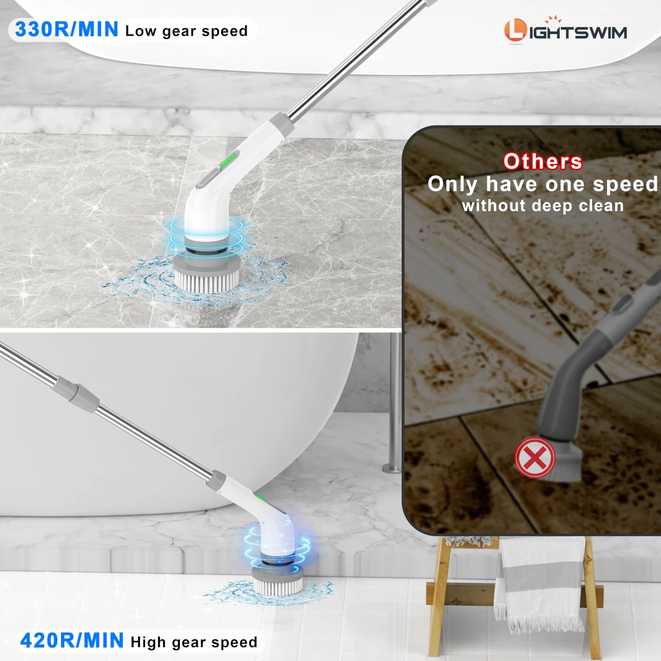 Spazzola elettrica rotante 7 in 1, potente pulizia a 420 giri/min, spazzola per il bagno da 1,5 ore a doppia velocità con braccio di prolunga per cucina, auto, piastrelle, pareti, pavimenti, doccia