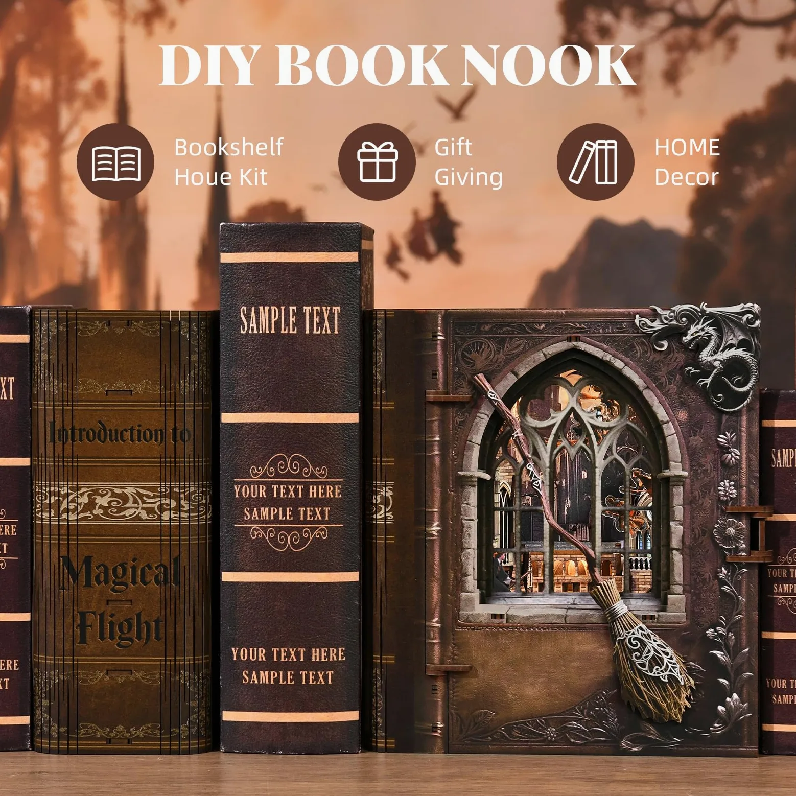 MiniCity Book Nook Kit – Puzzle in legno in miniatura con luci a LED 3D, fermalibri per libreria, decorazione regali creativi (introduzione a magical Flight)