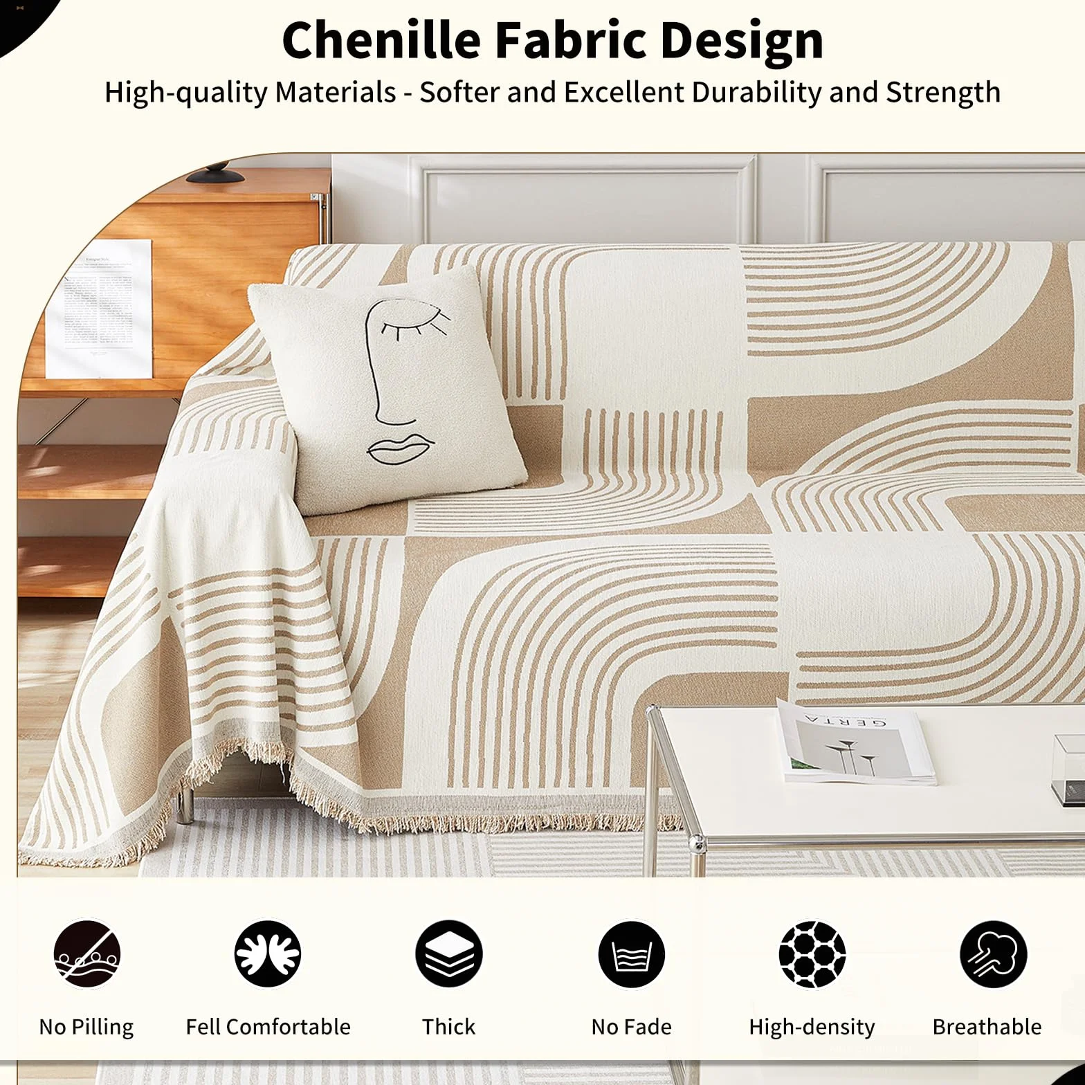 WEYOND Copridivano e Copricouch Boho Lavabile in Chenille per Divano 3 Cuscini, Telo Copridivano Stile Bohemien per Divano Angolare, Divanetto, Divano 2/3/4 Posti e Futon (180 x 300 cm, Kaki)