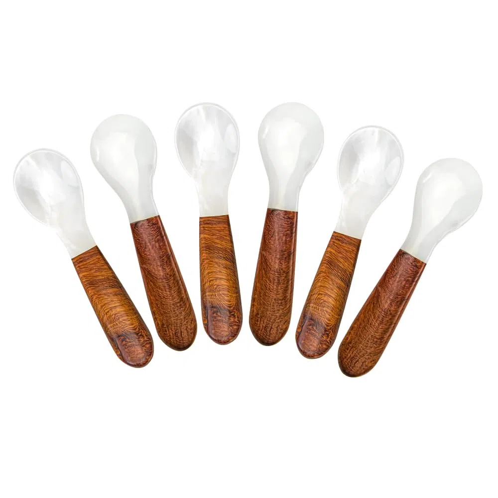 DUEBEL Set di 6 cucchiai di caviale con manico in legno, 12 cm, cucchiaio in madreperla per caviale, riserve uova, catering