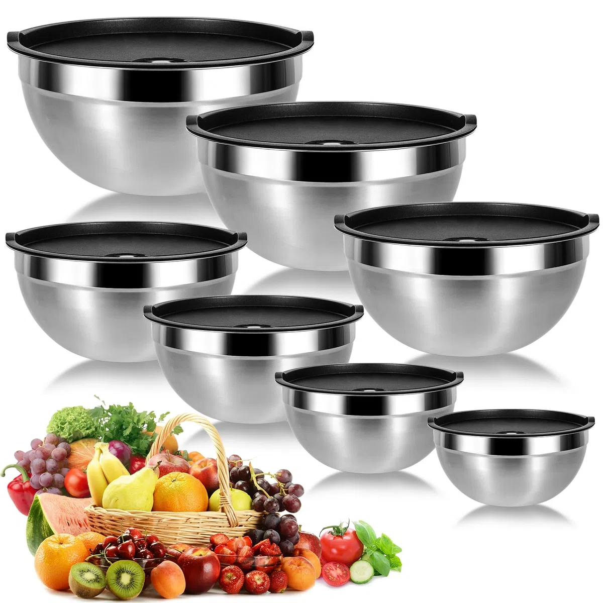 Cinnani 7 Set da Ciotola Acciaio Inossidabile, Insalatiera, Mixing Ciotole, Ciotole di Frutta, Ciotole acciaio inox con coperchio set, Ciotole da Cucina Multifunzionali