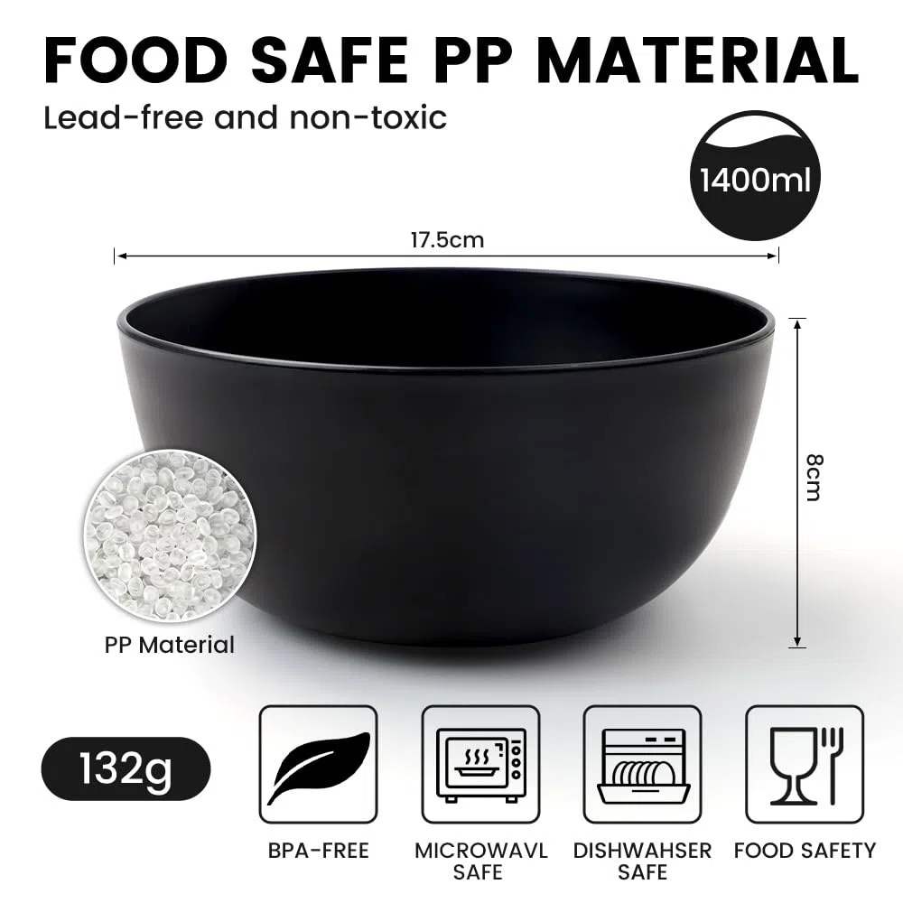 Bugucat Ciotole per Cereali 6 Pezzi 1400ML, Ciotola Grande Infrangibili in Plastica Ciotola Colazione,Insalatiera per Zuppa di Cereali Ramen Insalata,Ciotole da Dessert per BBQ Party e Campeggio,Nero