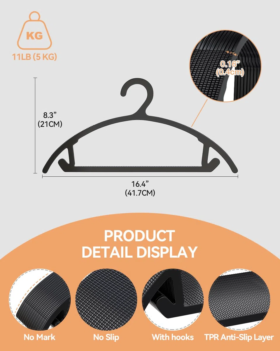 ABHENG Grucce 100 Pezzi, Grucce Appendiabiti in Plastica, Resistenti Sottili a Risparmio di Spazio, All-in-One per Abiti Costumi Jeans Maglie, 41,7 x 21cm, Nero, APY08100B