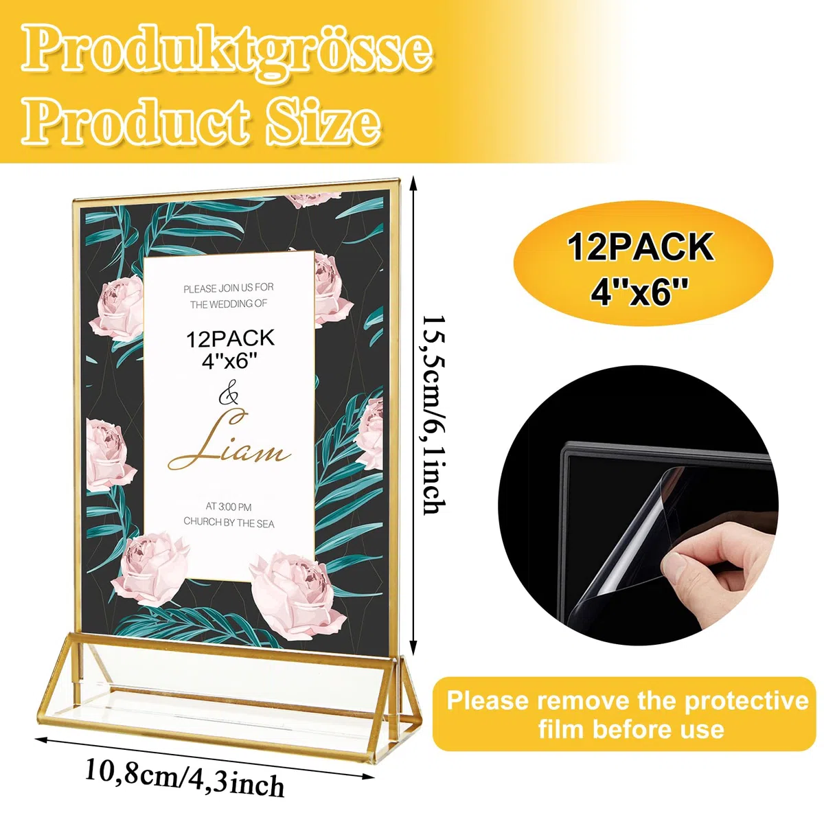 12 espositori da tavolo trasparenti formato A6, 10 x 15 cm, in acrilico, per matrimonio, con bordo dorato, formato A6, supporto doppio a T, per foto, caffè, ristorante, uffici