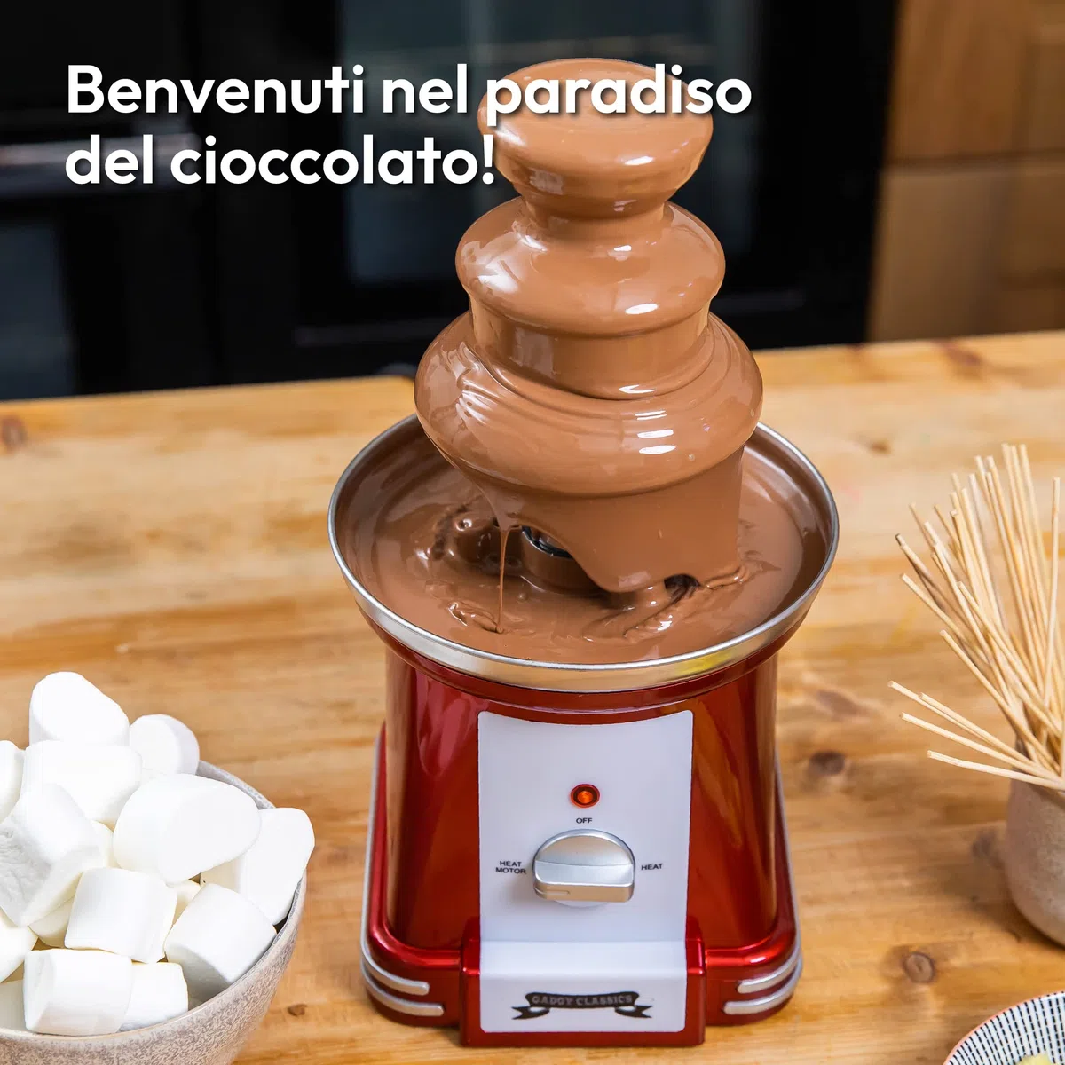 Fontana di Cioccolato Gadgy a 3 Livelli | Fonduta di Cioccolato in Acciaio Inox | Design Retrò Rosso | Capacità 750g | Riscaldamento 90W | Cascata per Feste, Compleanni e Eventi