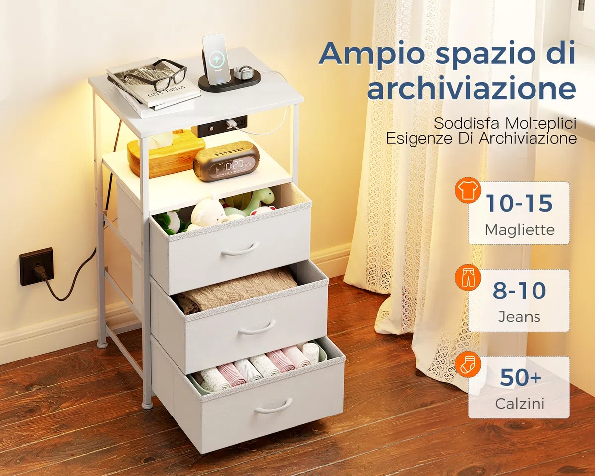 Coleshome Comodino Camera da Letto, con Presa di Corrente e 2 Luci USB e LED, Comodini Camera da Letto con 3 Cassetti in Tessuto e 2 Vano Portaoggetti, 40 * 30 * 70cm, Confezione da 1