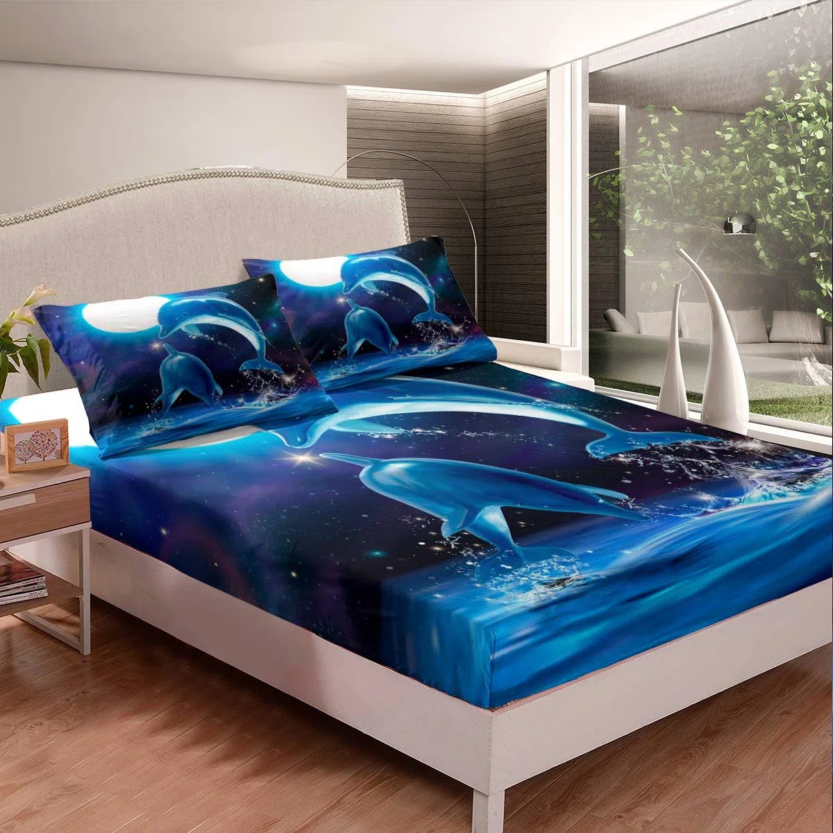 Set biancheria da letto delfino, per bambini, ragazzi, ragazze, equipaggiamento marino, galassia e luna, set di biancheria da letto per animali marini, decorazione della camera, 2 lenzuola