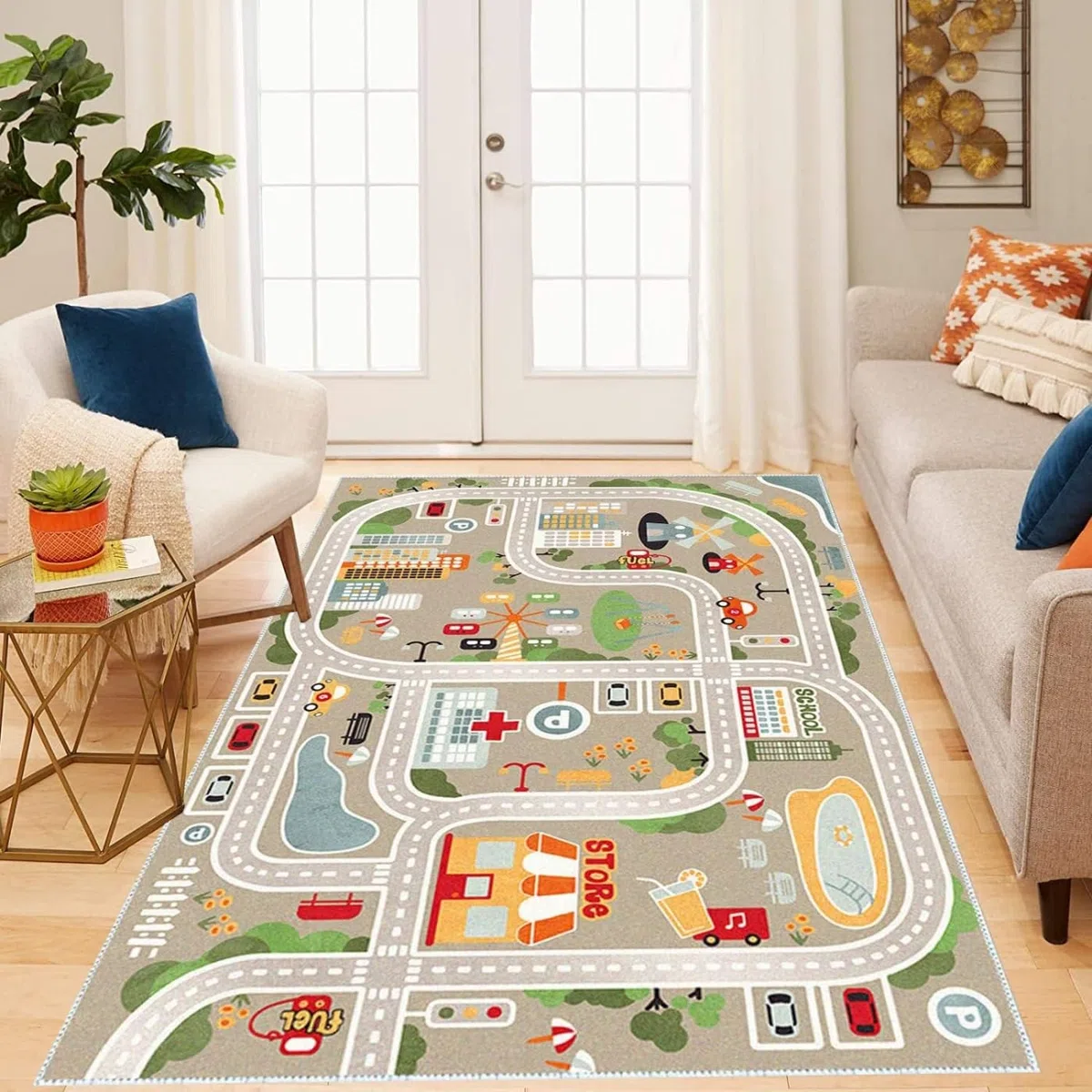 Tappeto Pista con Base in Gomma Antiscivolo Gioco Educativo Ragazzi Ragazze Tappeto da Gioco per Camera dei Bambini, Stanza dei Giochi e Camera da Letto (White,120x200cm)
