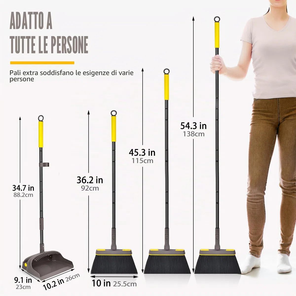 JEHONN Scopa e Paletta con Manico Lungo 138CM, Salvaspazio 180 Gradi Spazzola Brevettato Openable Dustpan Tail Richiudibile per Cucina Giardino Casa Ufficio (Marrone Giallo)