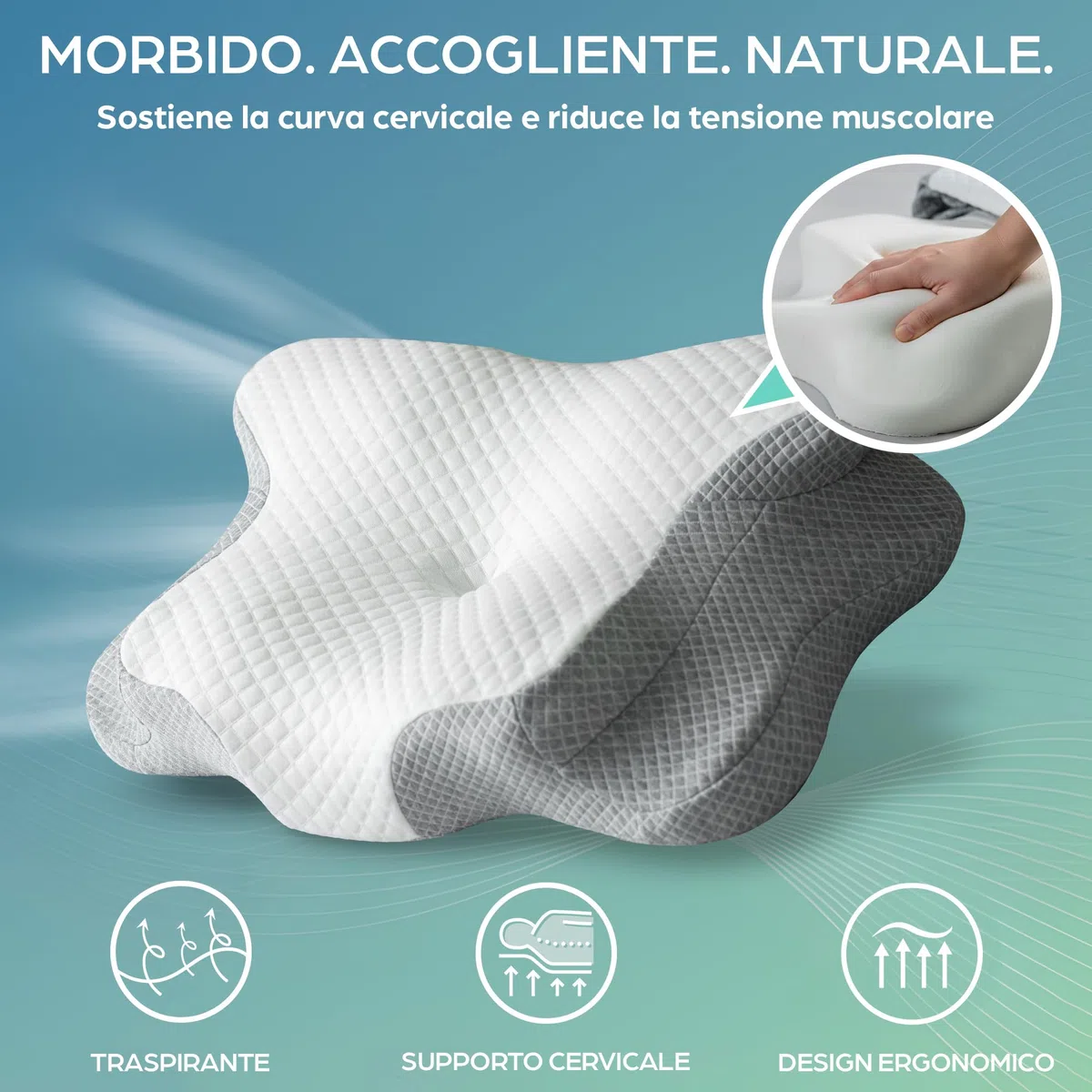 Cuscino Cervicale per Dormire | Cuscino Memory Foam Cervicale Anatomico OEKO-TEX | Cuscino per Cervicale Ergonomico Supporto al Collo | Guanciale Anallergico Sfoderabile e Lavabile Federa Traspirante