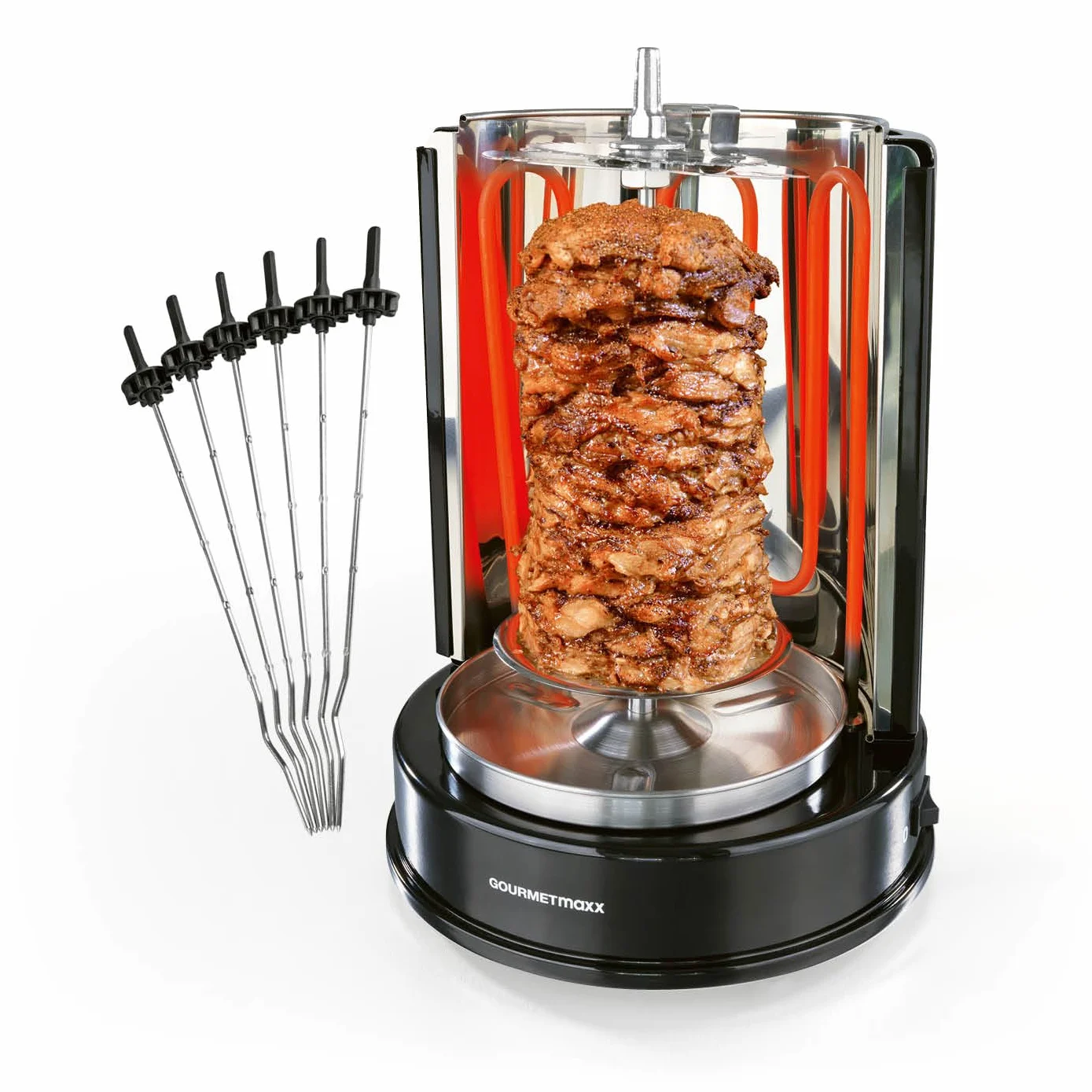 GOURMETmaxx kebab grill | grill elettrico verticale per kebab, gyros, shashlik | grill elettrico con spiedo centrale e 6 spiedini aggiuntivi, utilizzabile anche come shashlik grill