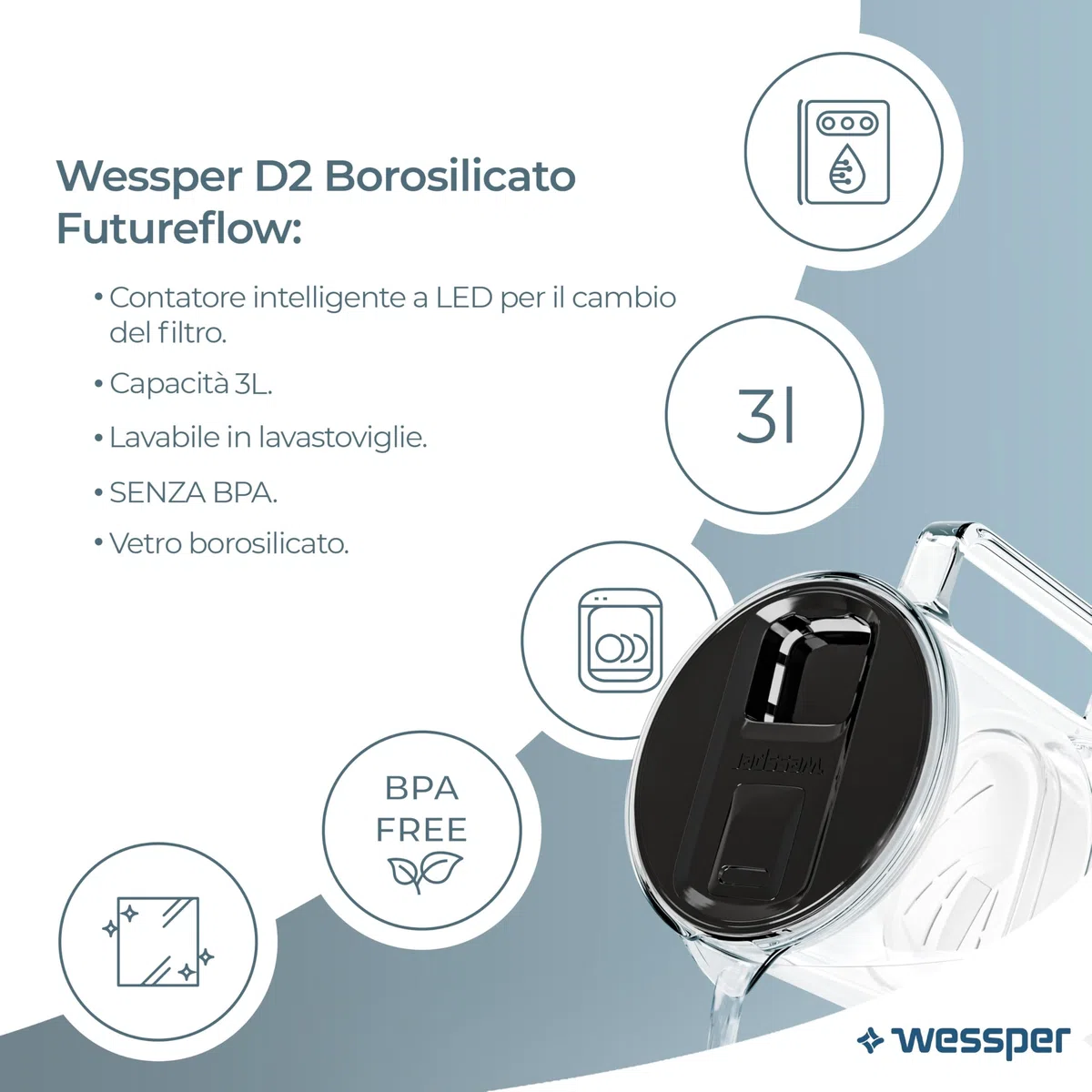 Wessper Caraffa Filtrante Acqua con Indicatore a LED, 3 Litri, Brocca con Cartuccia Filtro Acqua, Caraffa Acqua Filtrante in Vetro, Senza BPA “BPA FREE” - Nero