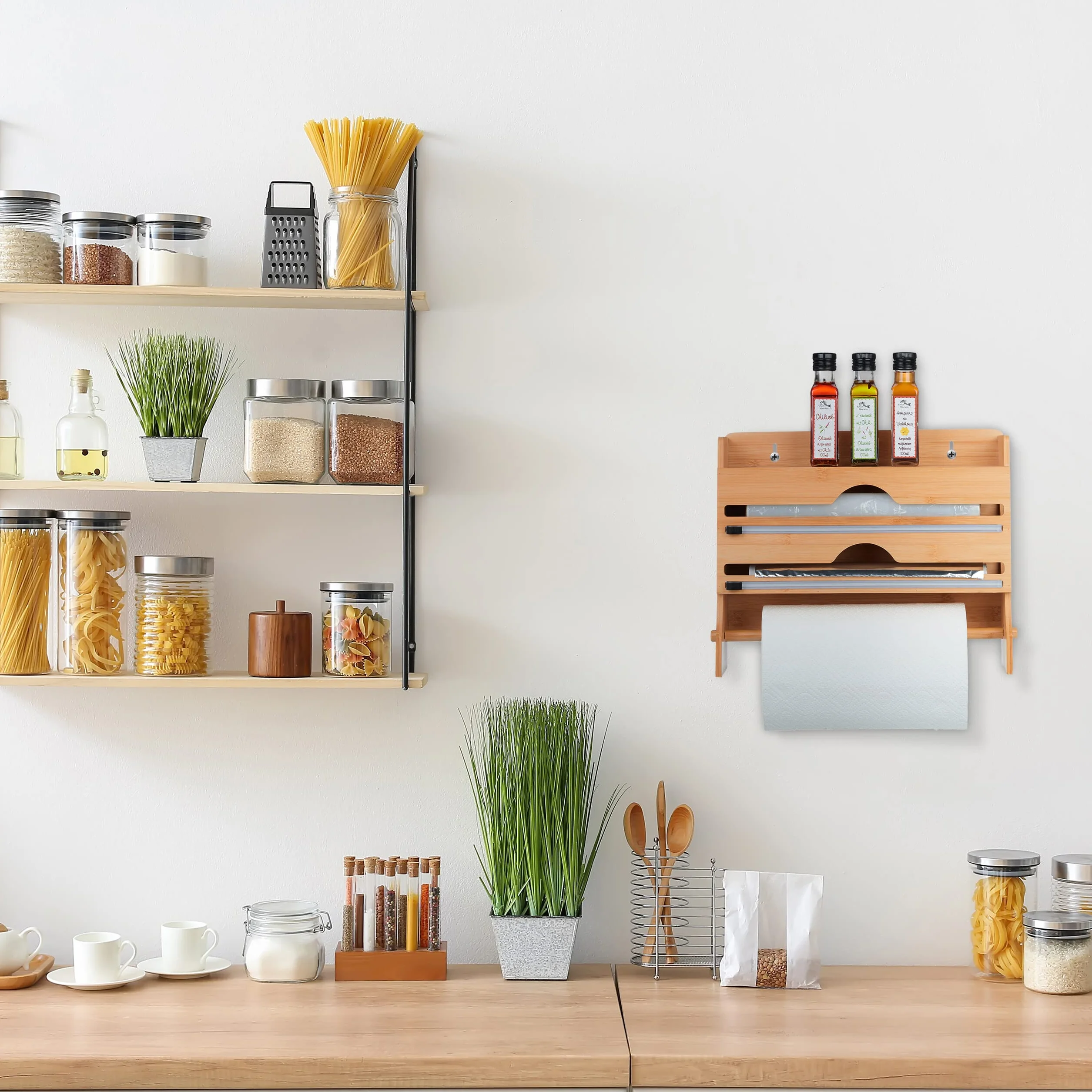 Relaxdays Porta Spezie e Scottex, 3 in 1, per Rotoli di Carta Forno, Pellicola, Alluminio e Rotolone da Cucina, Marrone