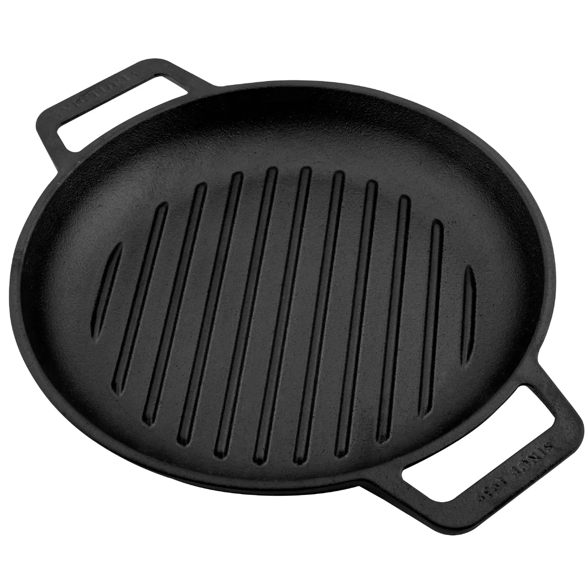 Victoria SKL-311 - Bistecchiera rotonda in ghisa con manici a doppio anello, condita con olio di semi di lino 100% certificato Kosher, non OGM, colore: nero