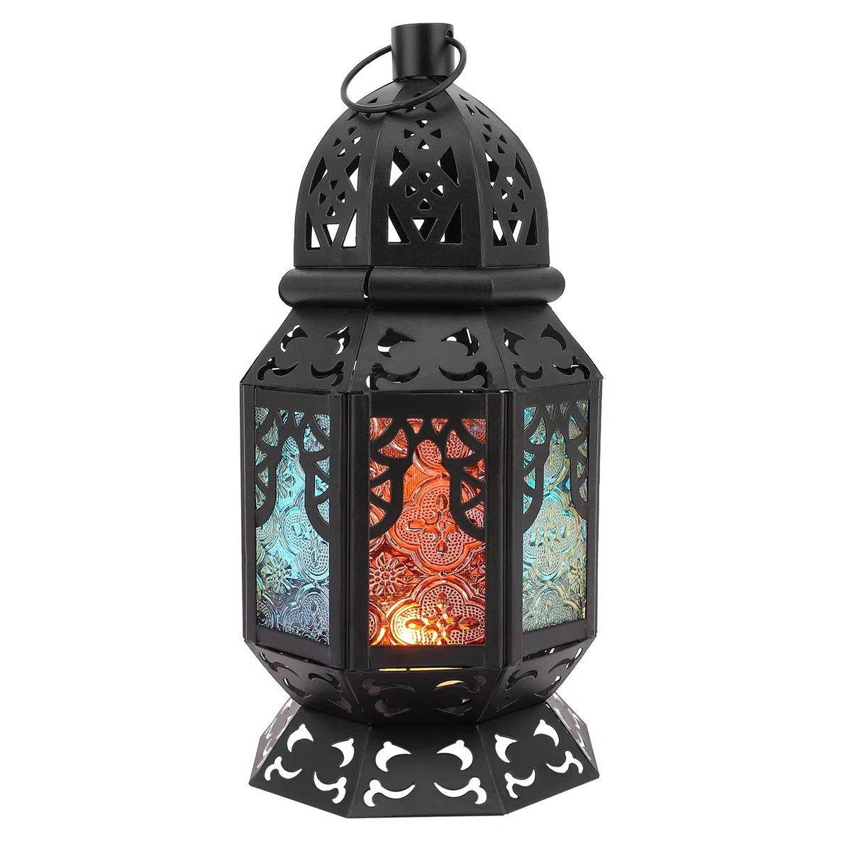 Lewondr Porta candela Marocchina in Ferro con Schermata in Vetro Multicolori, Dim 12,6 x 12,5 x 26 cm, Illuminazione Giardino, Lampada Parete Ramadan per Giardino, Balcone - Nero