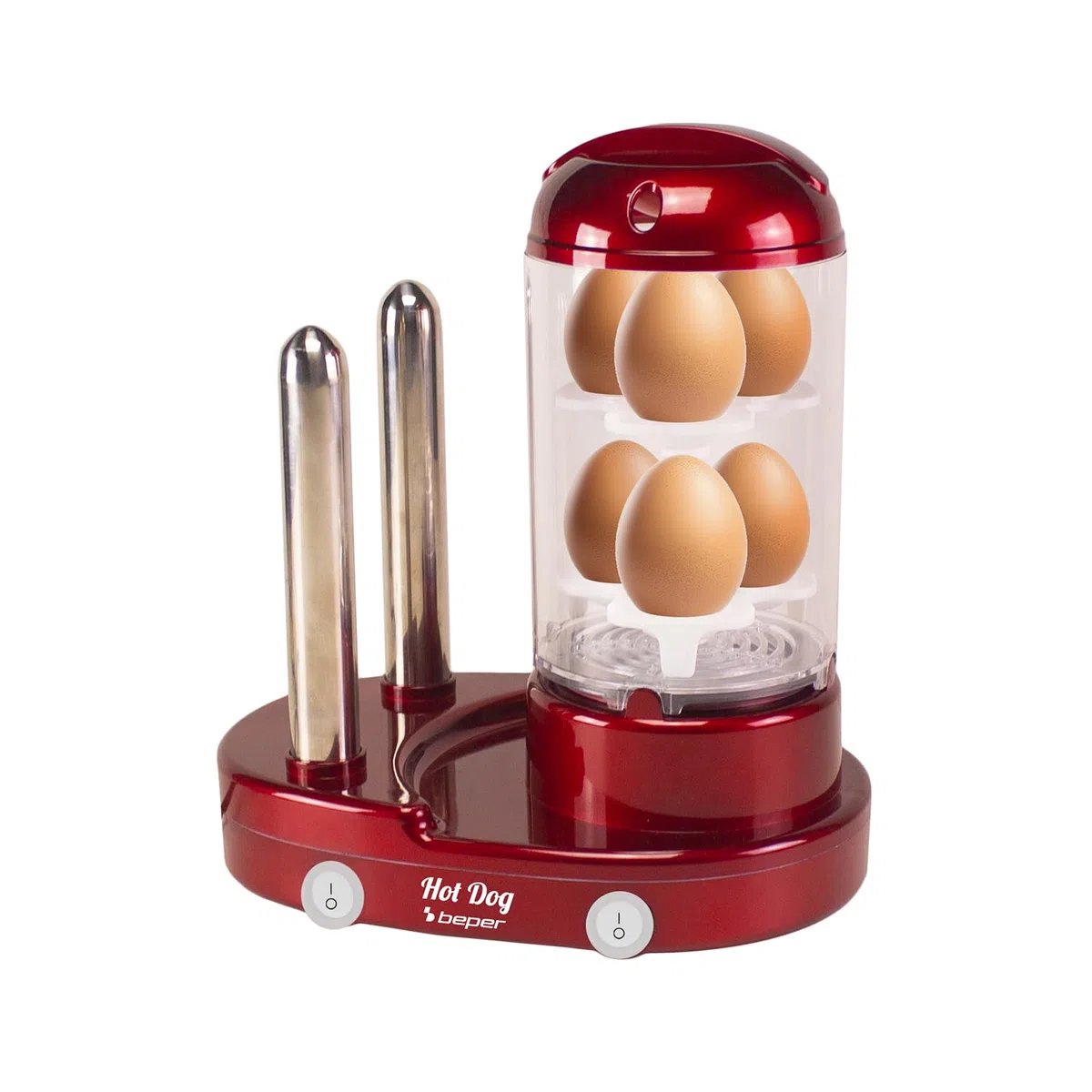 BEPER P101CUD502 Macchina per Hot Dog e Cuociuova 3in1, Cuocitore a Vapore per Wurstel e Uova, Scaldapane con 2 Aste in Acciaio Inox, 440W, Doppio Interruttore