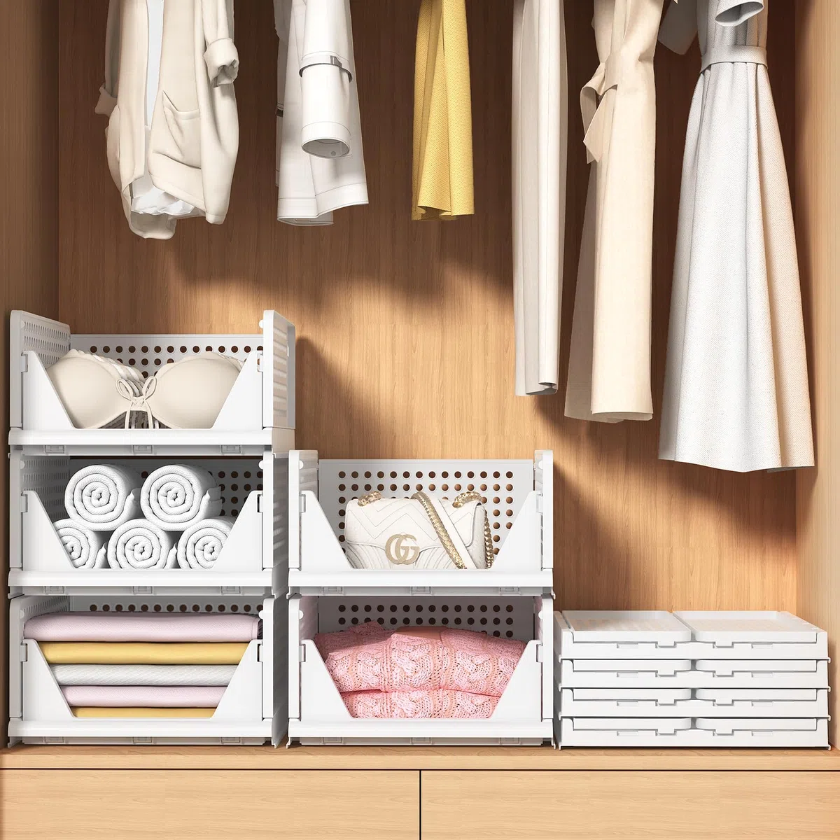 Organizer Armadio Cassettiere, Set di 4 Organizer Pieghevole Impilabili in Plastica per Armadio per Vestiti, Camera da letto, Casa, Cucina, Bagno, Bianco (43 x 33 x 72cm)