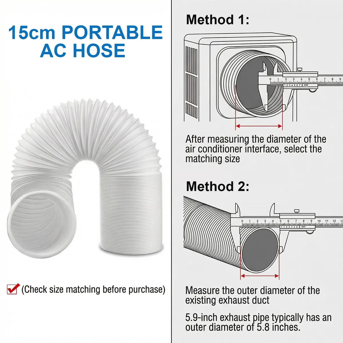 Tubo Condizionatore Portatile 15cm Diametro, 2m Estensibile Tubo di Scarico Flessibile con Filo di Rinforzo, Ricambio Prolunga Condotto Accessori per Mobile Aria Condizionata, Filetto Sinistro