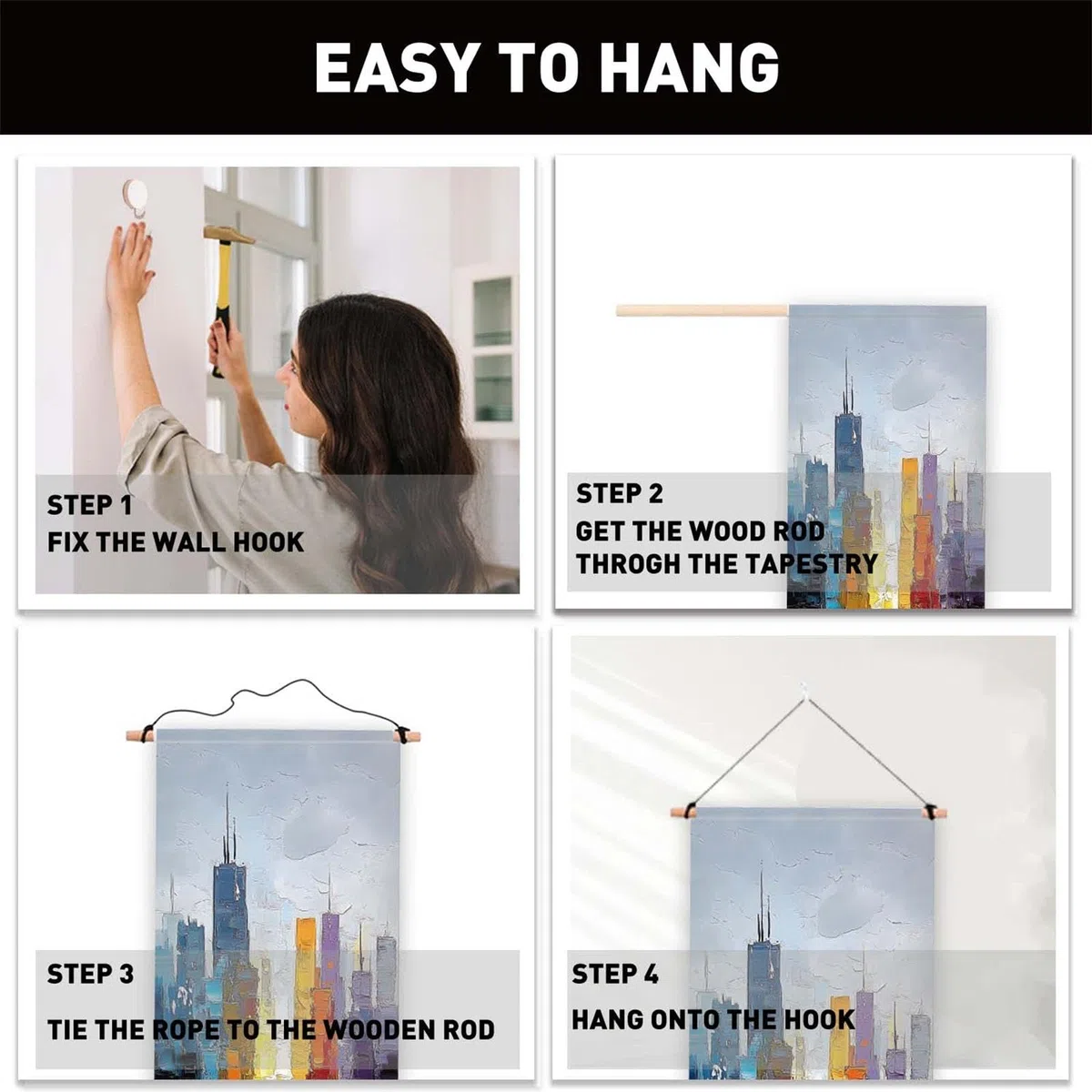 PLIGREAT Confezione da 2 arazzi moderni con dipinti ad olio dipinti a mano, paesaggio urbano lungo con nappe, arazzo decorativo estetico verticale, per camera da letto, soggiorno, decorazione della