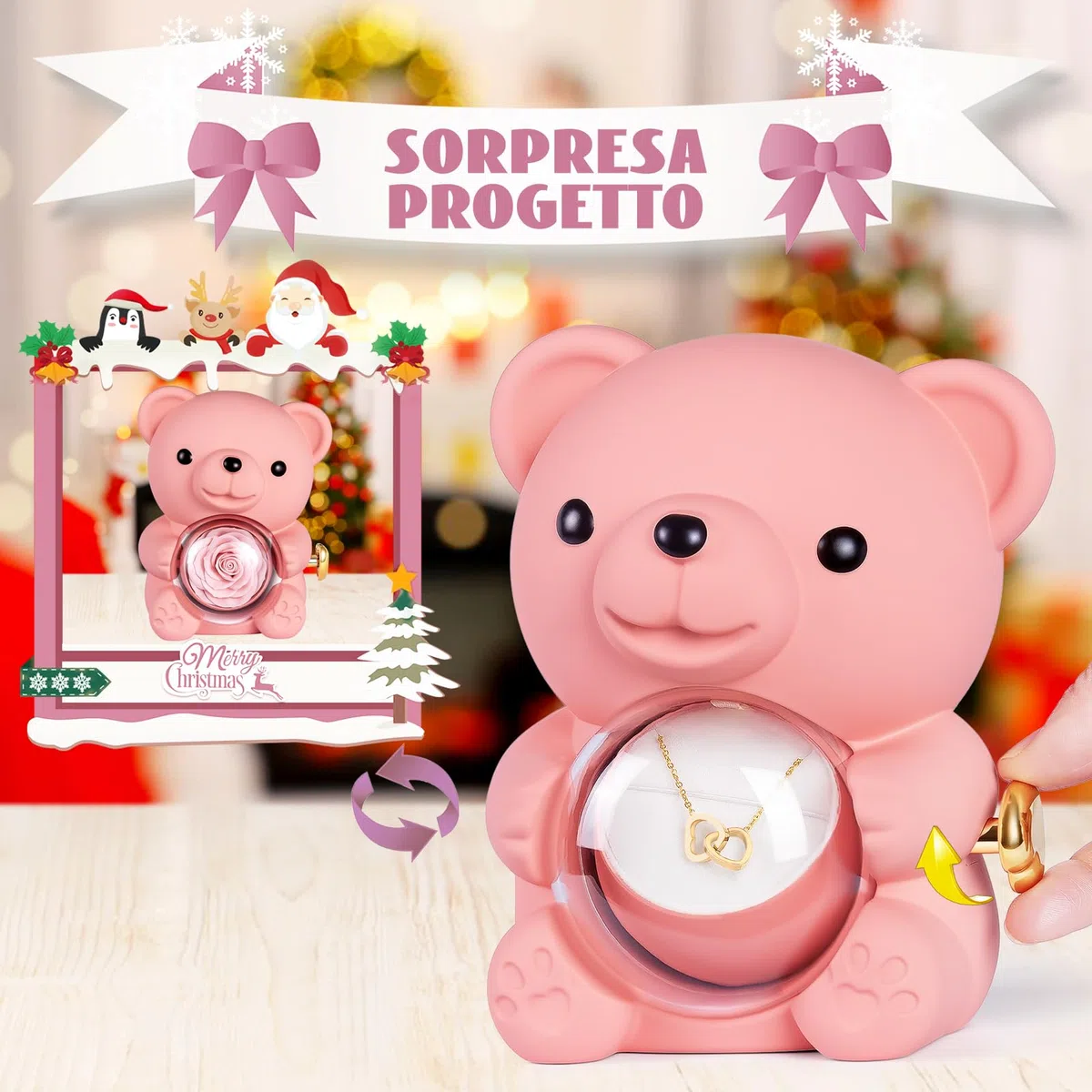 Rosa Eterna Confezione Regalo,Confezione Regalo con Orsetto Rosa Eterna,Orsetto di Stabilizzata Vera Regalo per Donna, Mamma, San Valentino,Natale,Compleanno,Fidanzata