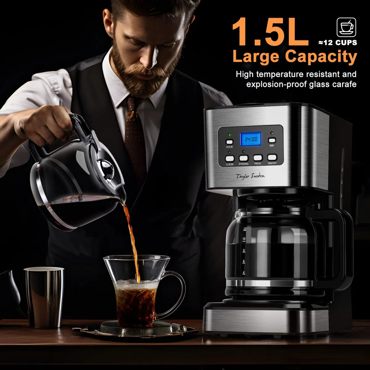 Taylor Swoden Darcy - Macchina da caffè Americano 950W per 12 tazze e capacità da 1,5 L con filtro riutilizzabile e base con mantenimento caldo, sistema antigoccia, timer e BPA FREE