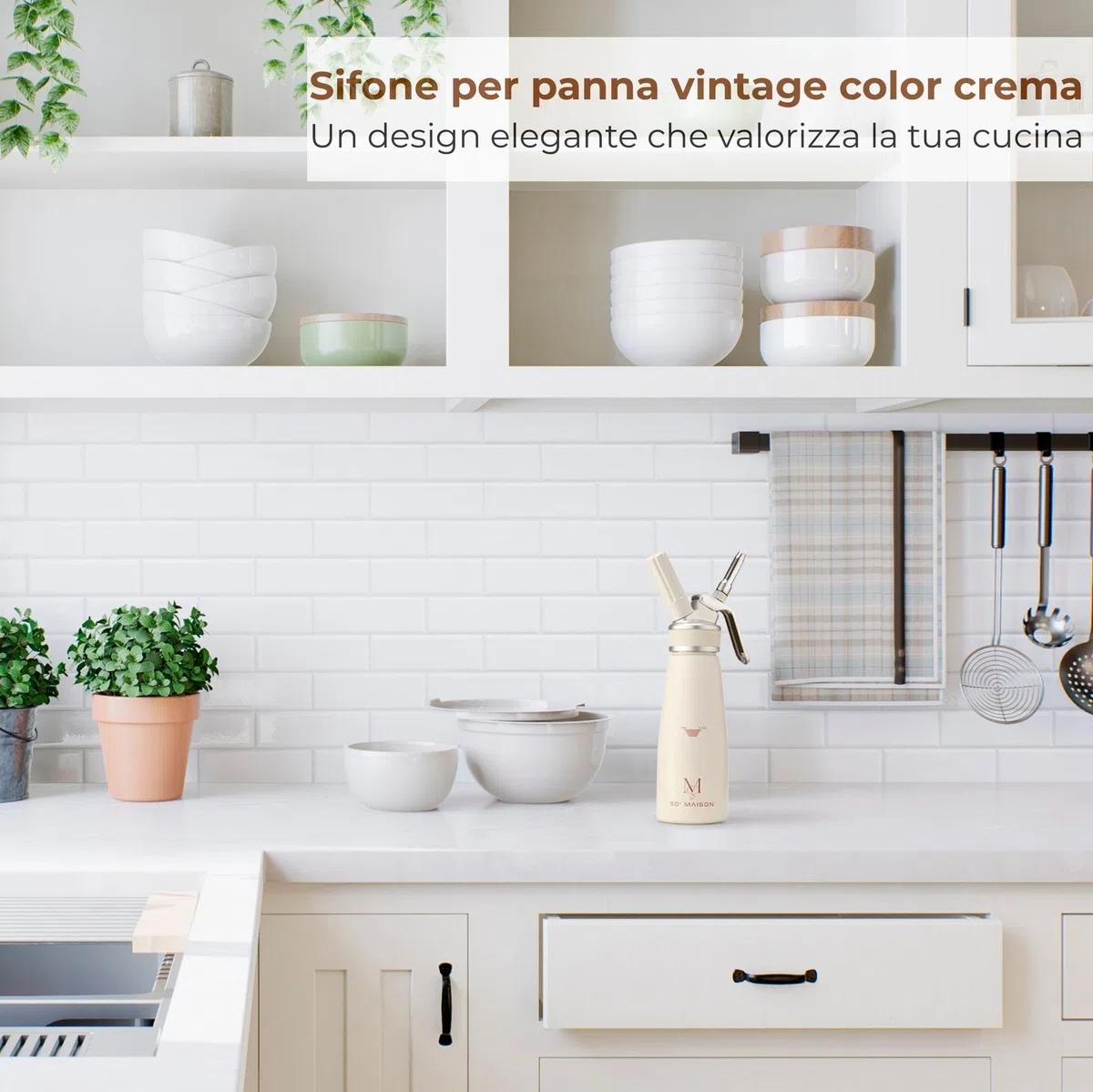 SO’Maison Sifone Panna e Crema 500 ml – Sifone da Cucina Professionale, Design Crema Vintage, con Ricettario da Compilare – Accessori per Pasticceria