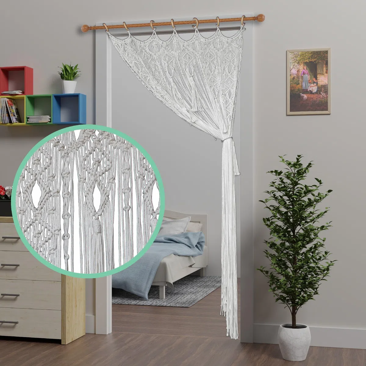 Tenda macramè Boho per porta (colore: bianco, larghezza 90 x lunghezza 200 cm, stringa)