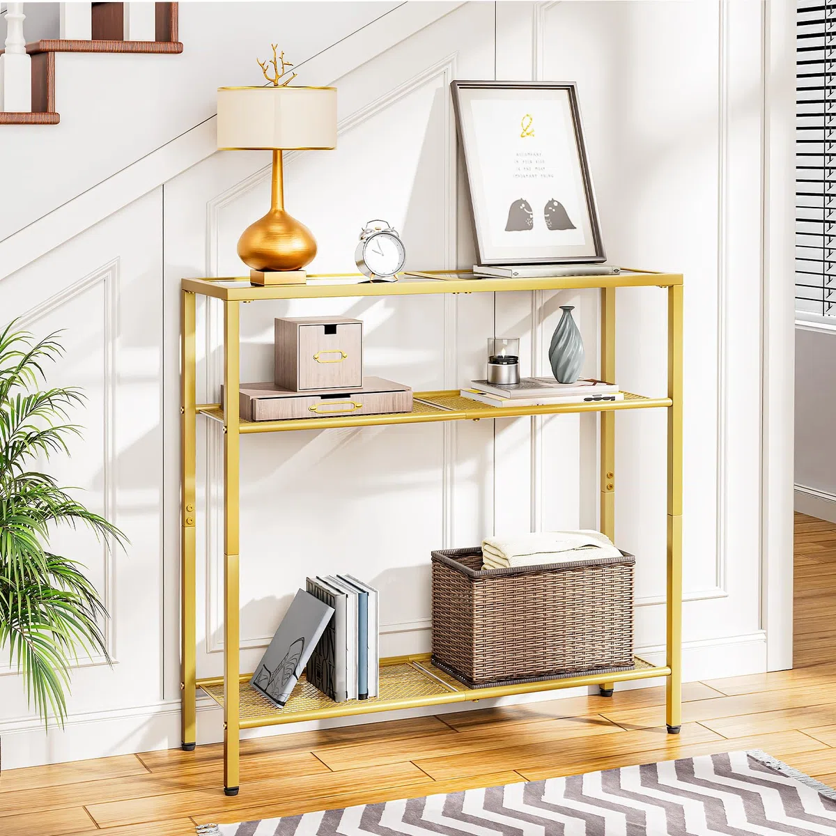 HOOBRO Tavolo Console a 3 Ripiani, 75 cm Ingresso Con Piano di Vetro Temperato, per Entrata, Soggiorno, Corridoio, Camera da Letto, Dorato EGD21XG01G1