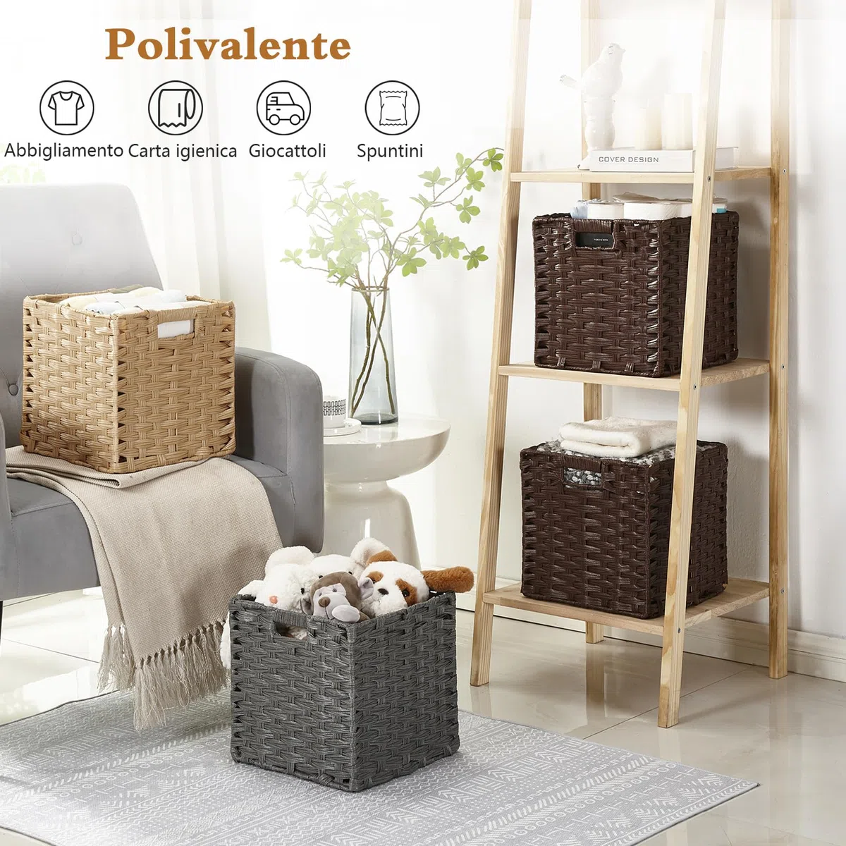 Sagittar, cestino intrecciato pieghevole in rattan sintetico, 25x25x25 cm, cestino portaoggetti per dispensa, credenza, credenza per giocattoli, cestino a cubo per scaffale, impermeabile, antimuffa, 4