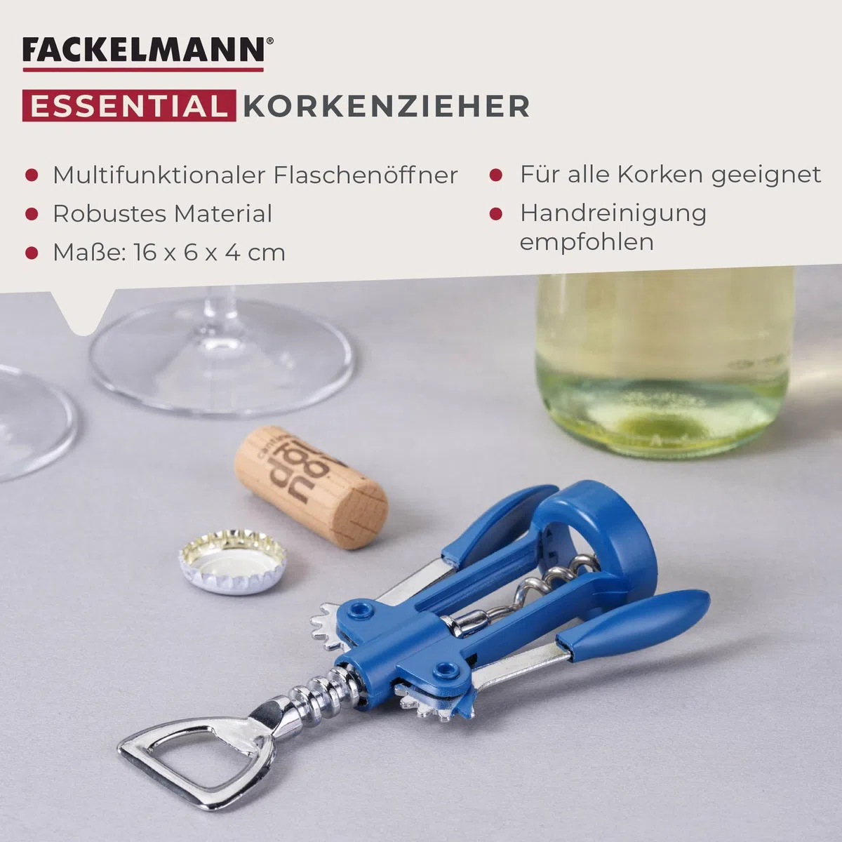 Fackelmann Cavatappi a leva Essential, apribottiglie multifunzione per vino & Co, blu scuro/argento