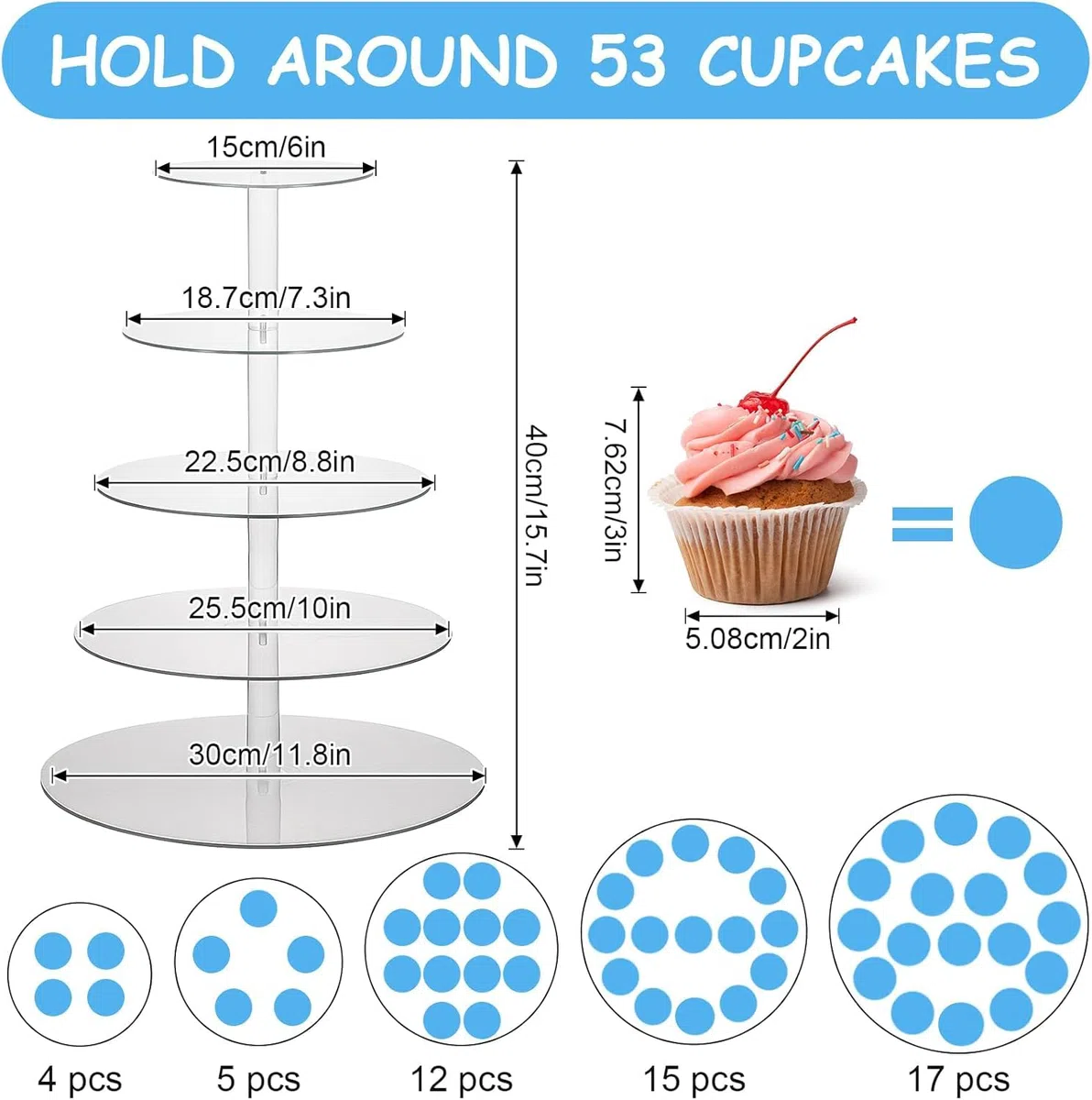 Alzata rotonda per cupcake a 5 livelli in acrilico, supporto per torte a più livelli per dessert, espositore per cupcake, per feste di compleanno, feste di nozze, centrotavola