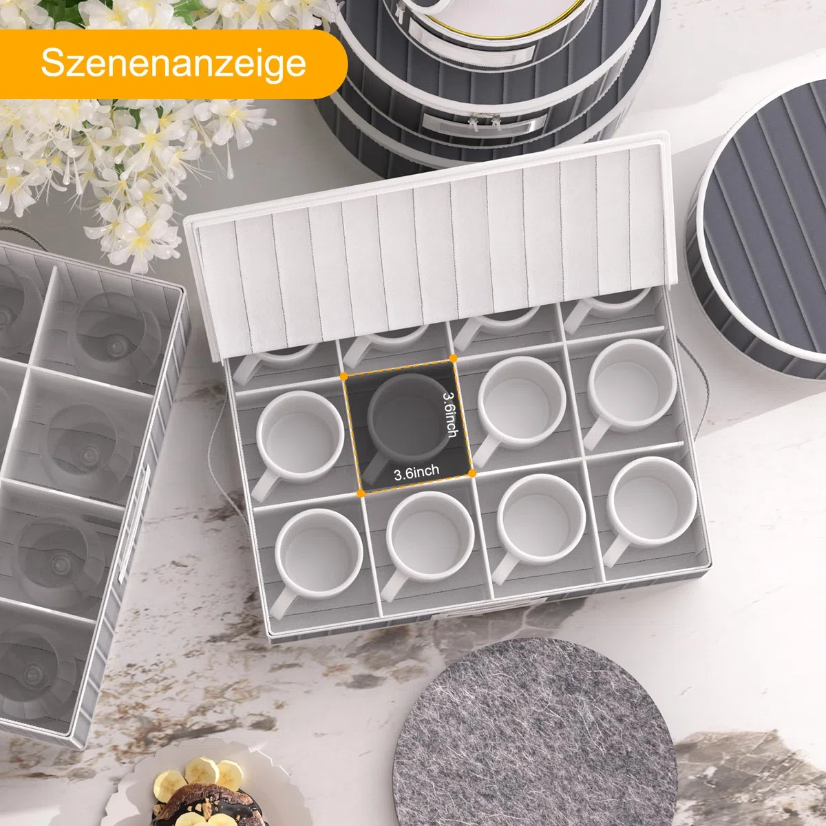 Contenitore per tazze e tazze con divisori – Set da 2 pezzi, contiene 24 bicchieri, contenitore impilabile per tazze da caffè con 2 cerniere in metallo, etichetta e manici (grigio)
