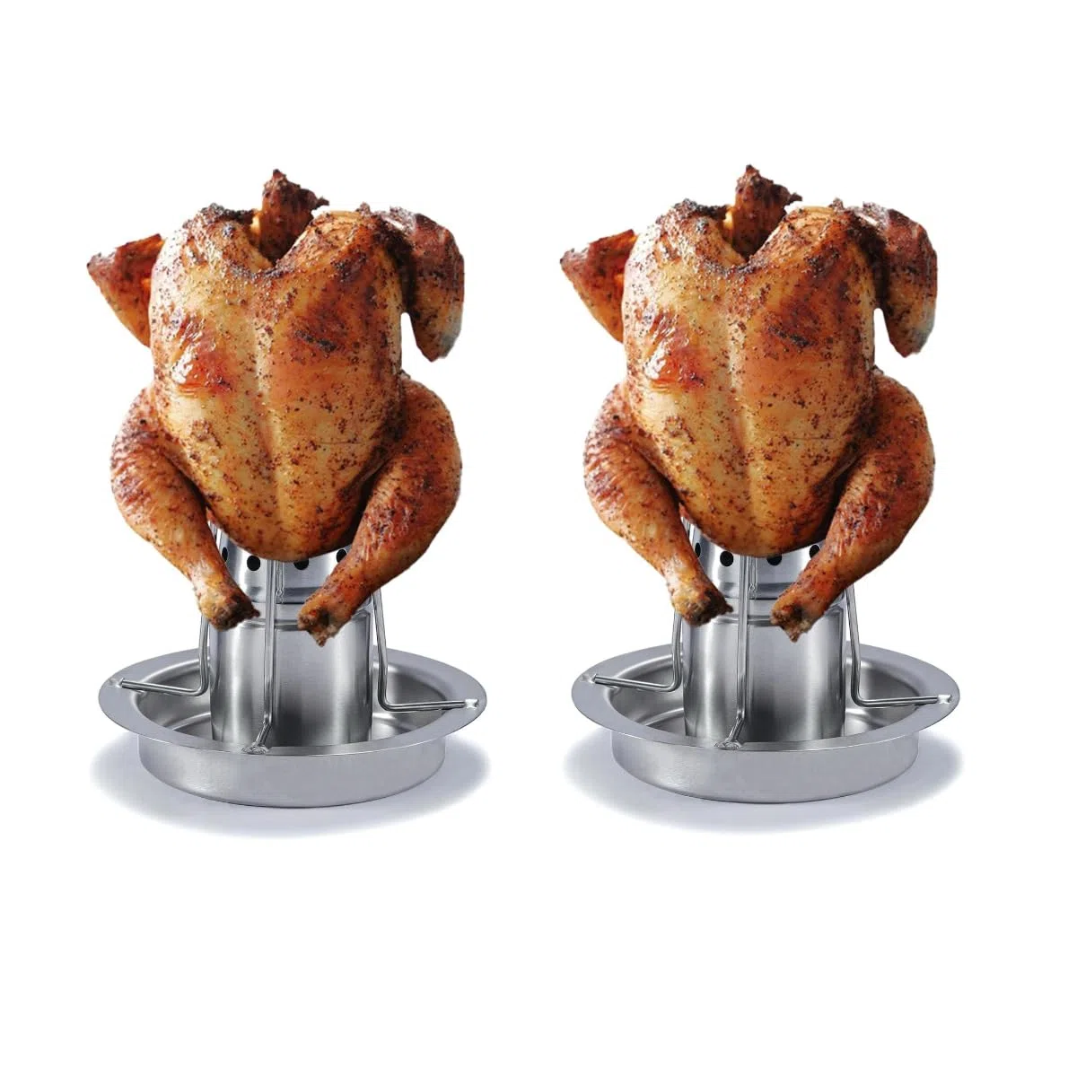 AMOZO Rostiera per pollo - Il nuovo supporto per pollo in acciaio inox 304 - Griglia per pollo alla birra - Griglia per polli con contenitore per aromi (2 pezzi)