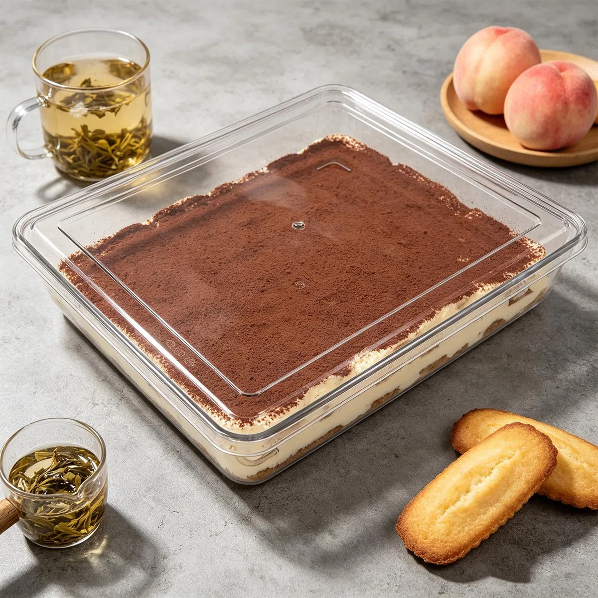 Teglia rettangolare per tiramisù: contenitore in plastica trasparente per tiramisù, cheesecake, mousse e pasticcini - 33x73 cm, impilabile, ideale per pasticcerie e feste.